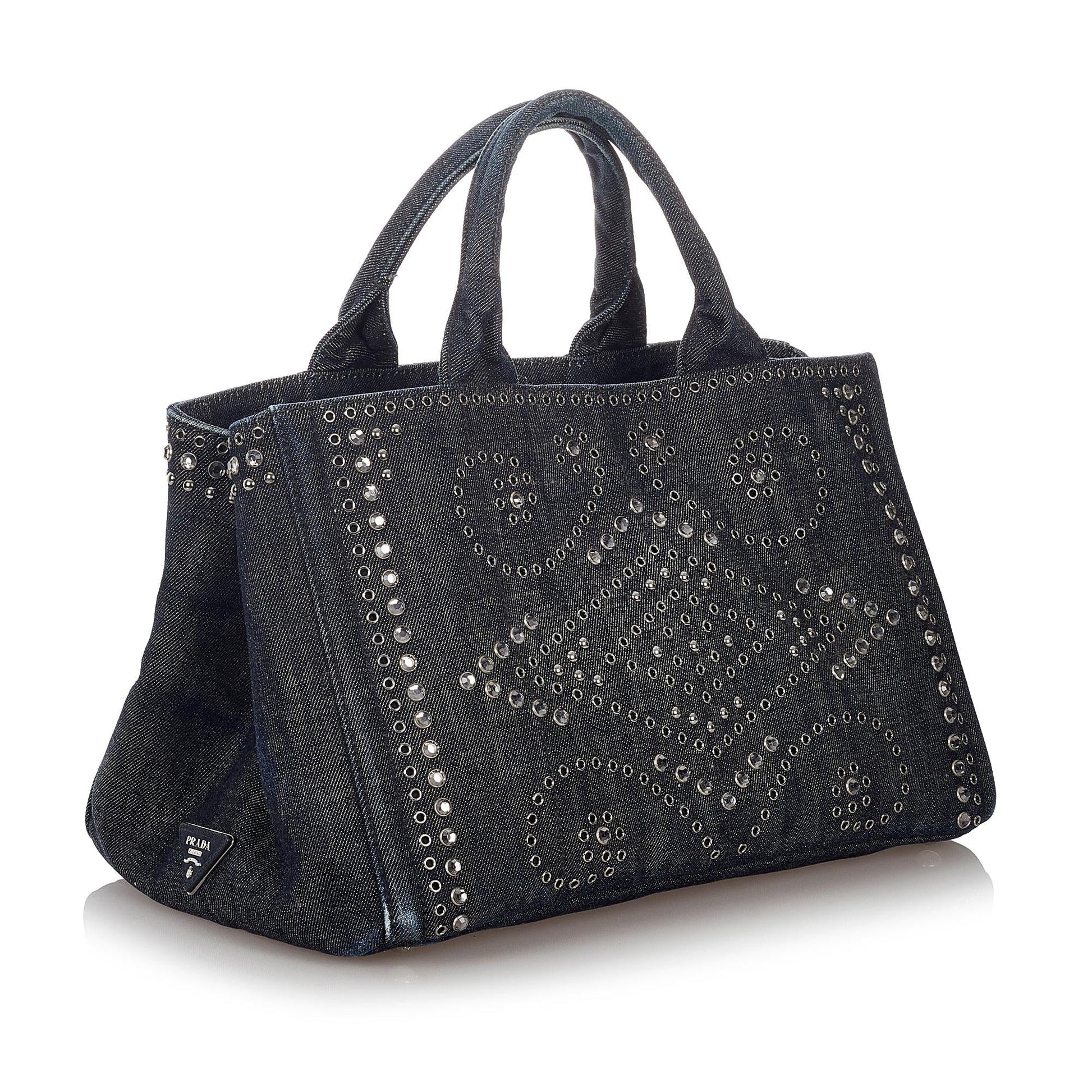 Prada Canapa Studded Tote Bag Shg Denim