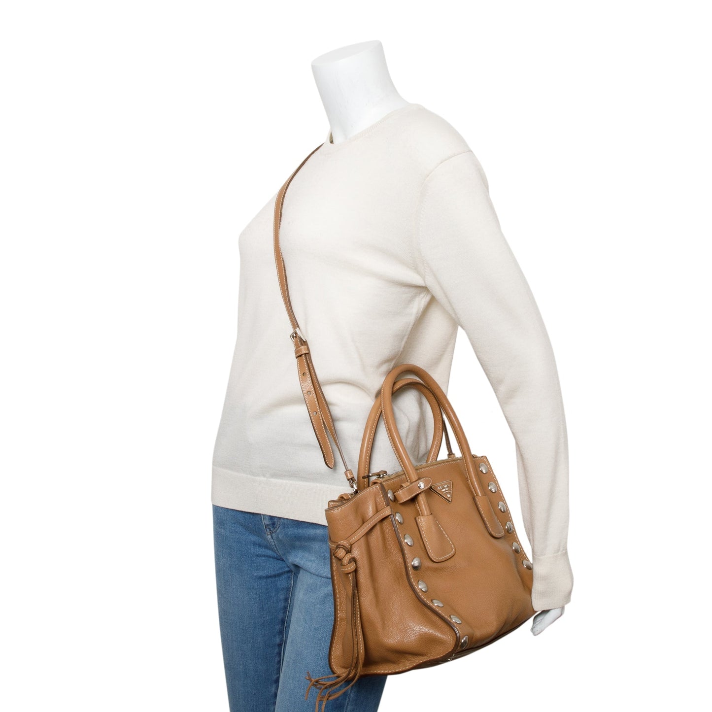 Prada Caramel Glace Calf Studded Twin Pocket Tote Tote Bag