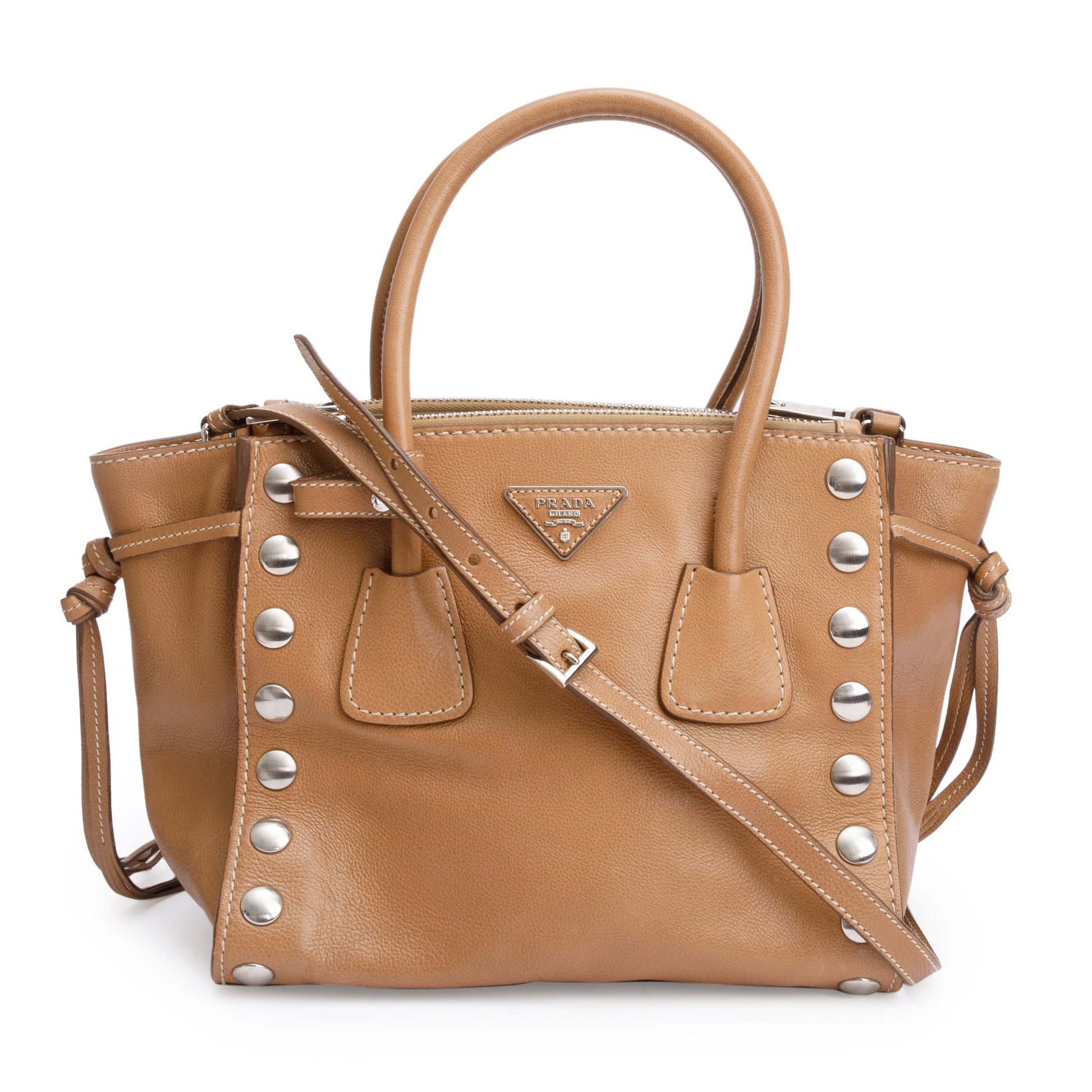 Prada Caramel Glace Calf Studded Twin Pocket Tote Tote Bag