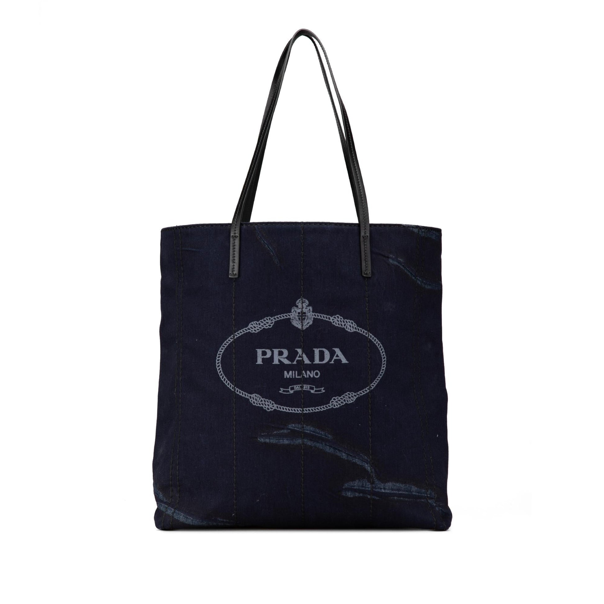 Prada Mistolino Tote Denim Vitello Logo Tote Bag