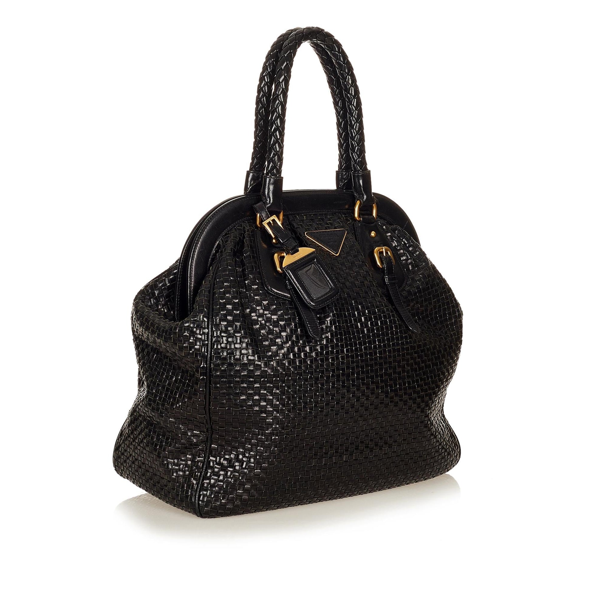Prada Frame Tote Bag Shg Leather Woven