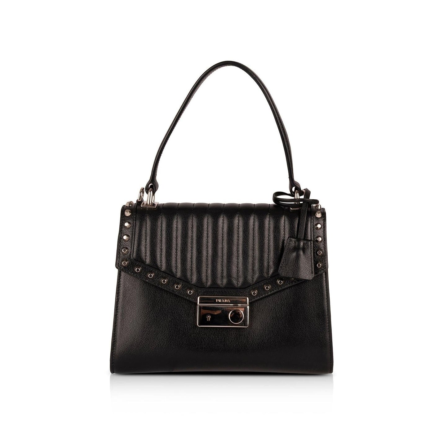Prada Glace Calf Studded Top Handle Bag Leather Travel Bag