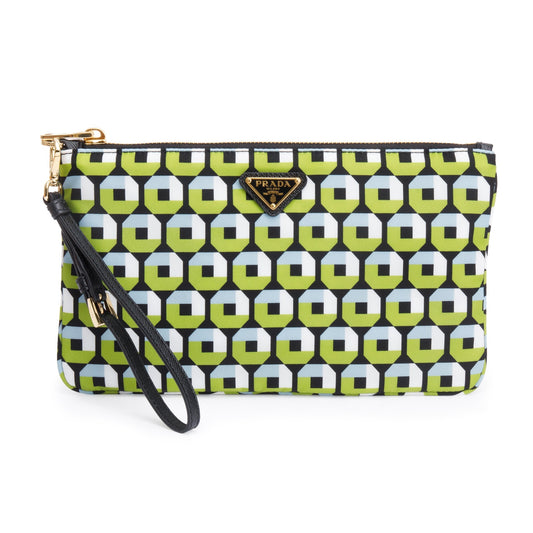 Prada Multicolor Octagon Print Tessuto Stampato Wristlet Handbag Nylon Green Travel Bag