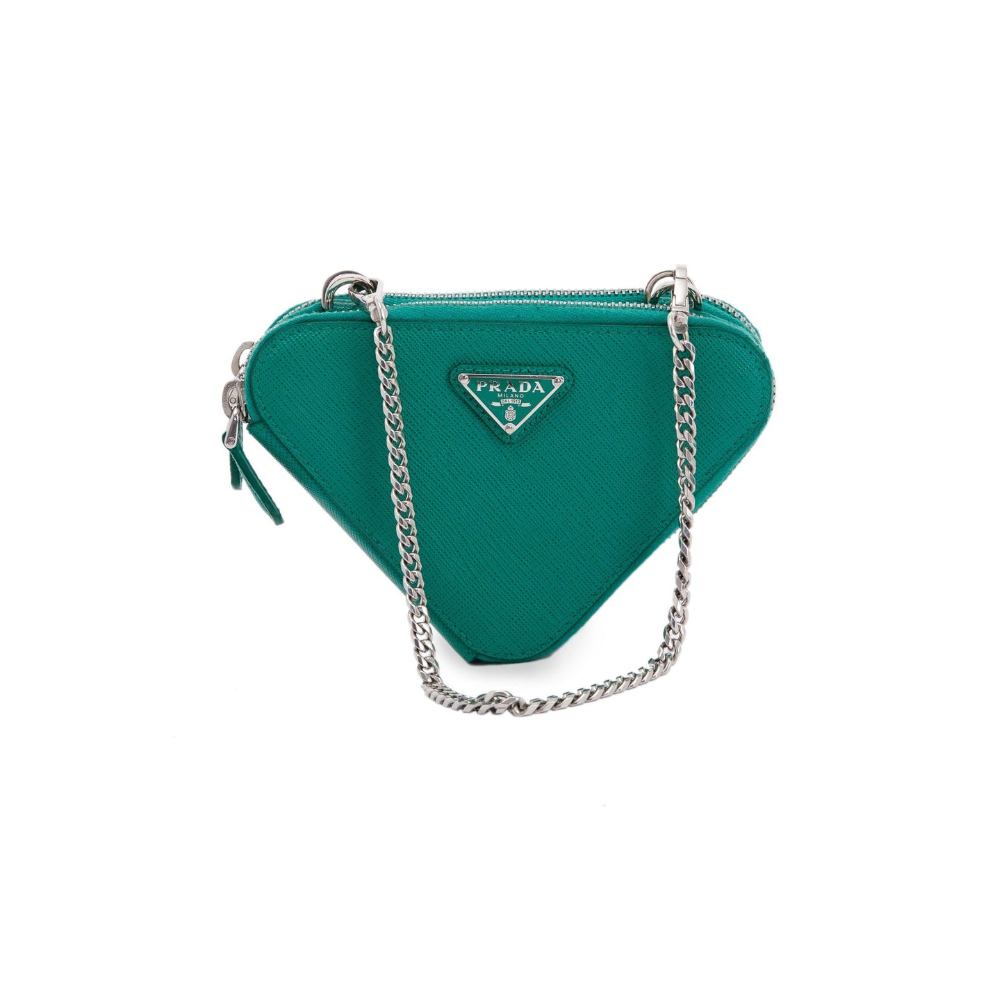 Prada Saffiano Triangle Pouch Handbag Leather Green Travel Bag