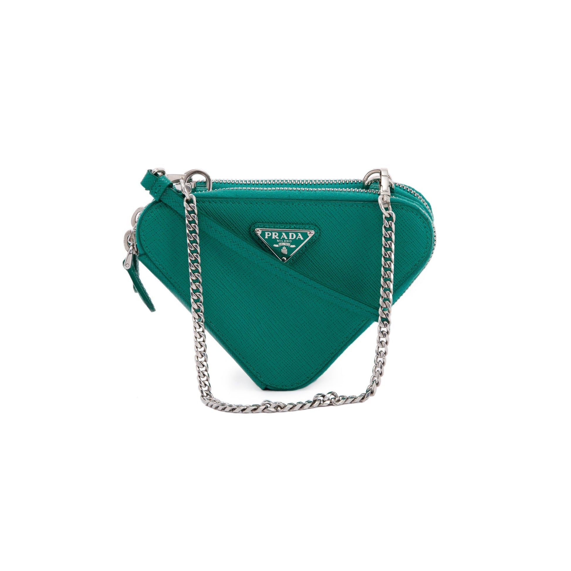 Prada Saffiano Triangle Pouch Handbag Leather Green Travel Bag