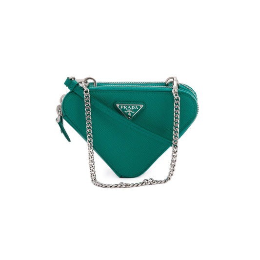 Prada Saffiano Triangle Pouch Handbag Leather Green Travel Bag