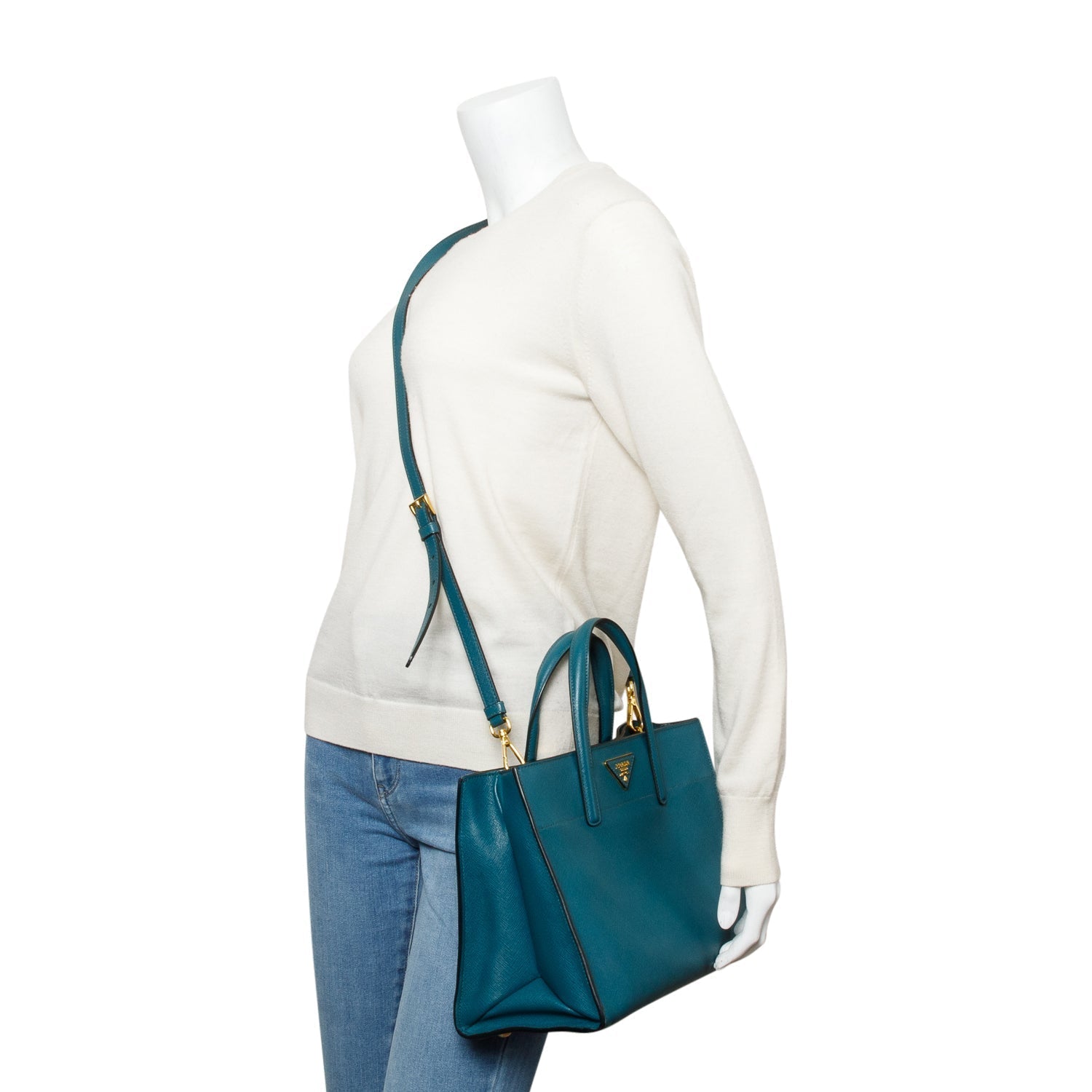 Prada Soft Triple Pocket Convertible Tote Saffiano Green Tote Bag