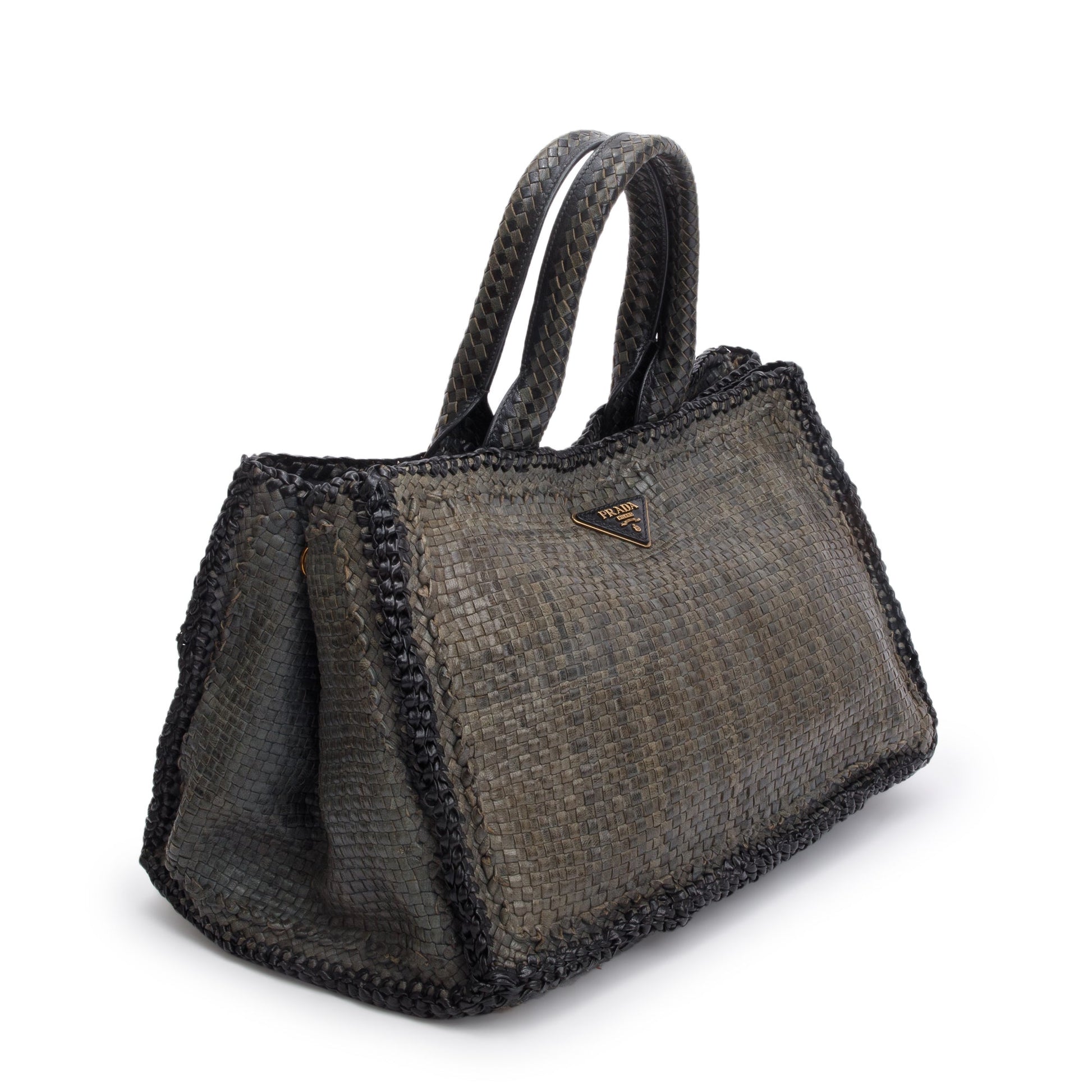 Prada Grey Madras Tote Handbag Woven Medium Tote Bag