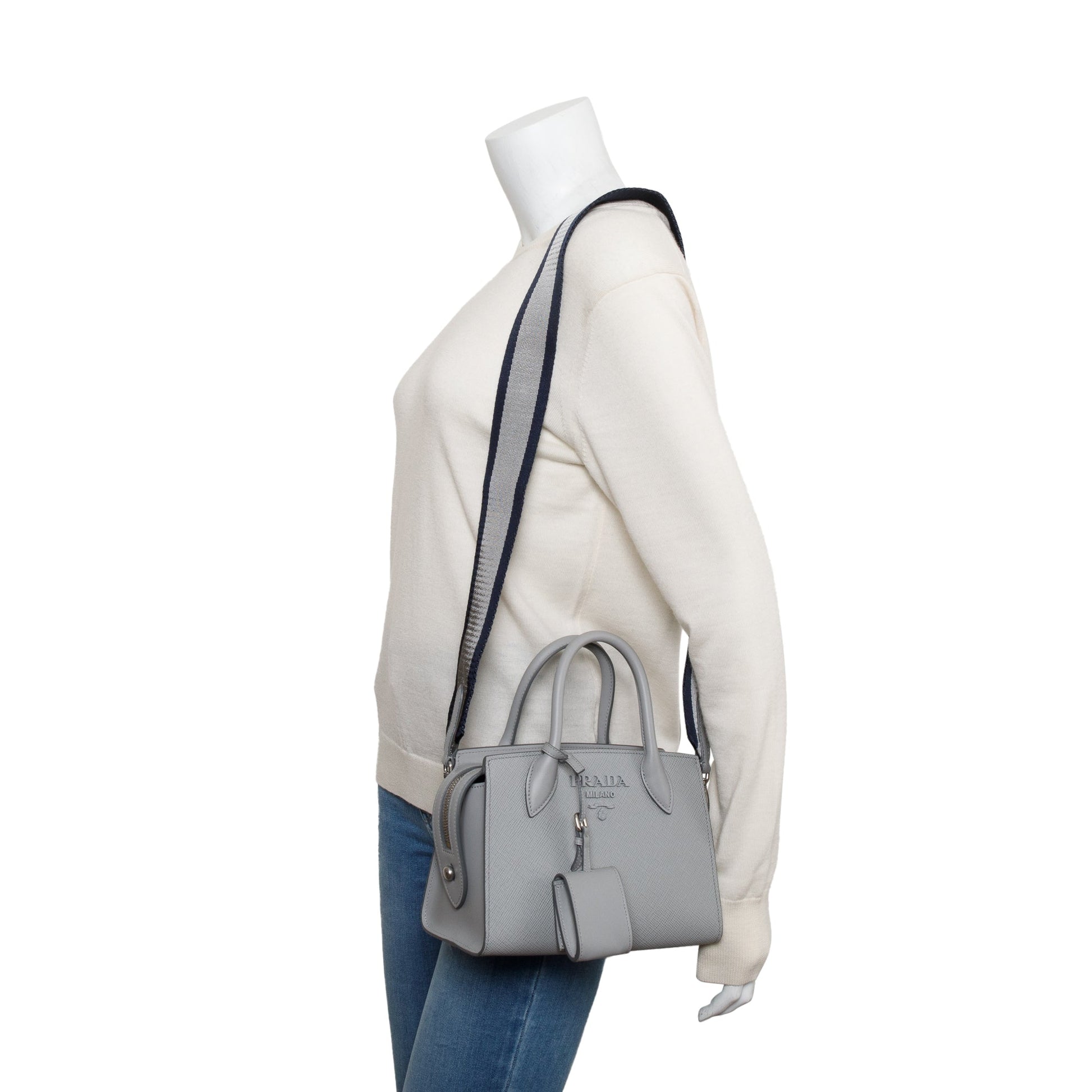 Prada Grey Saffiano Cuir Monochrome Top Handle Tote Mini Tote Bag