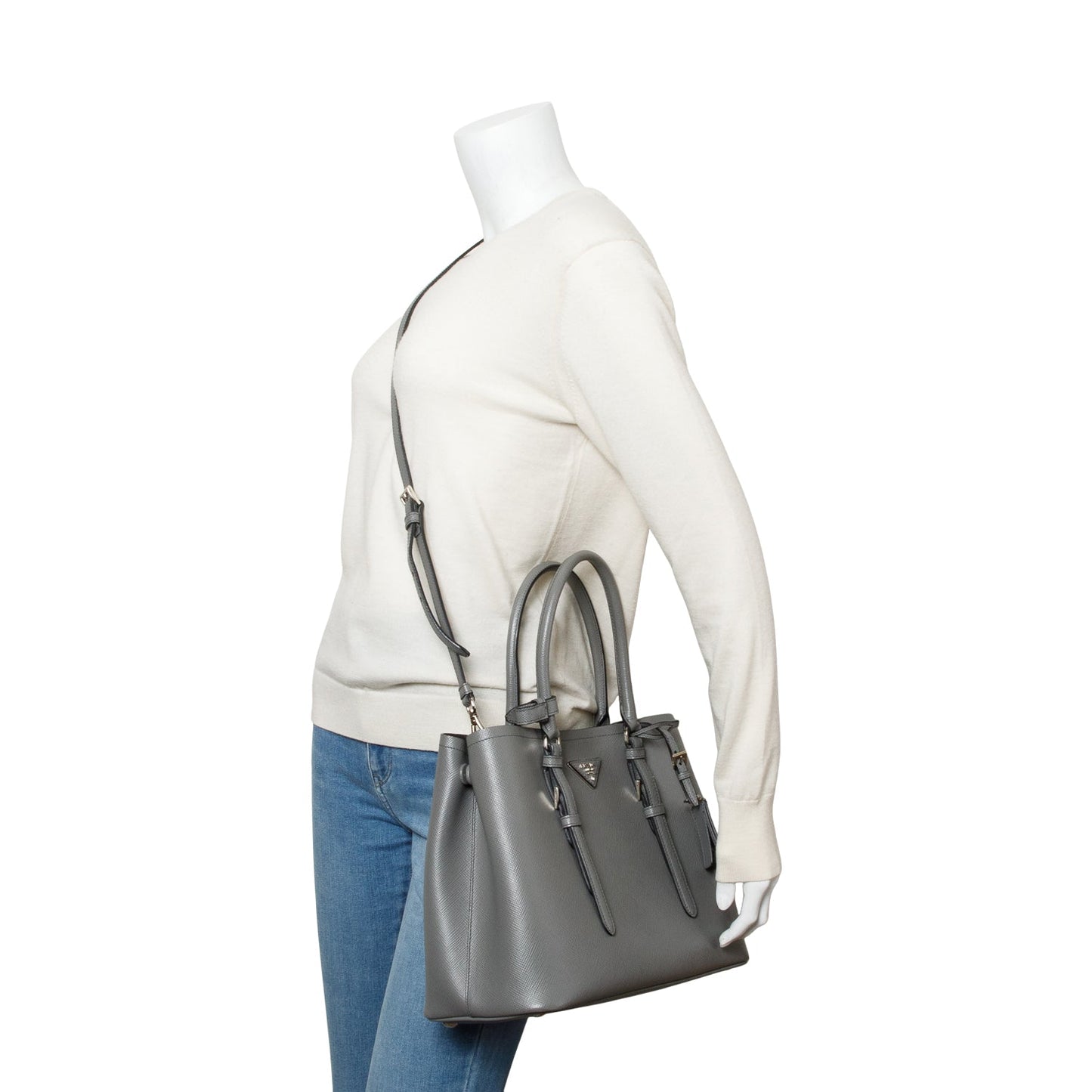 Prada Grey Saffiano Lux Cuir Double Tote Handbag Medium Tote Bag