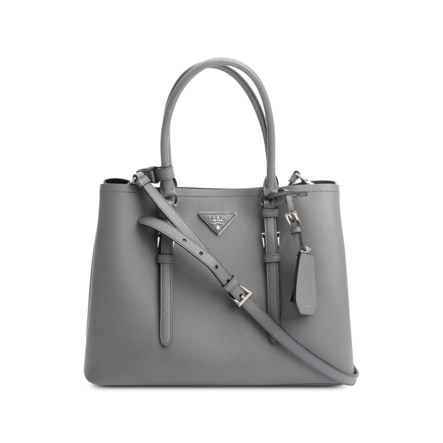 Prada Grey Saffiano Lux Cuir Double Tote Handbag Medium Tote Bag