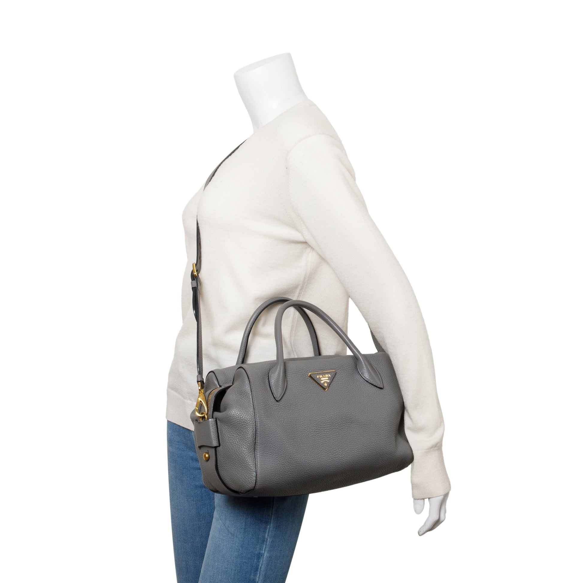 Prada Grey Daino Baulleto Tote Leather Vitello Gray Tote Bag