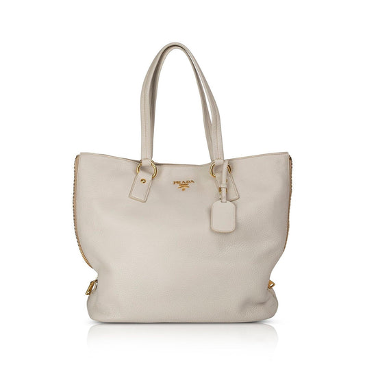 Prada Vitello Daino Side Zip Shopping Tote Handbag Large Tote Bag