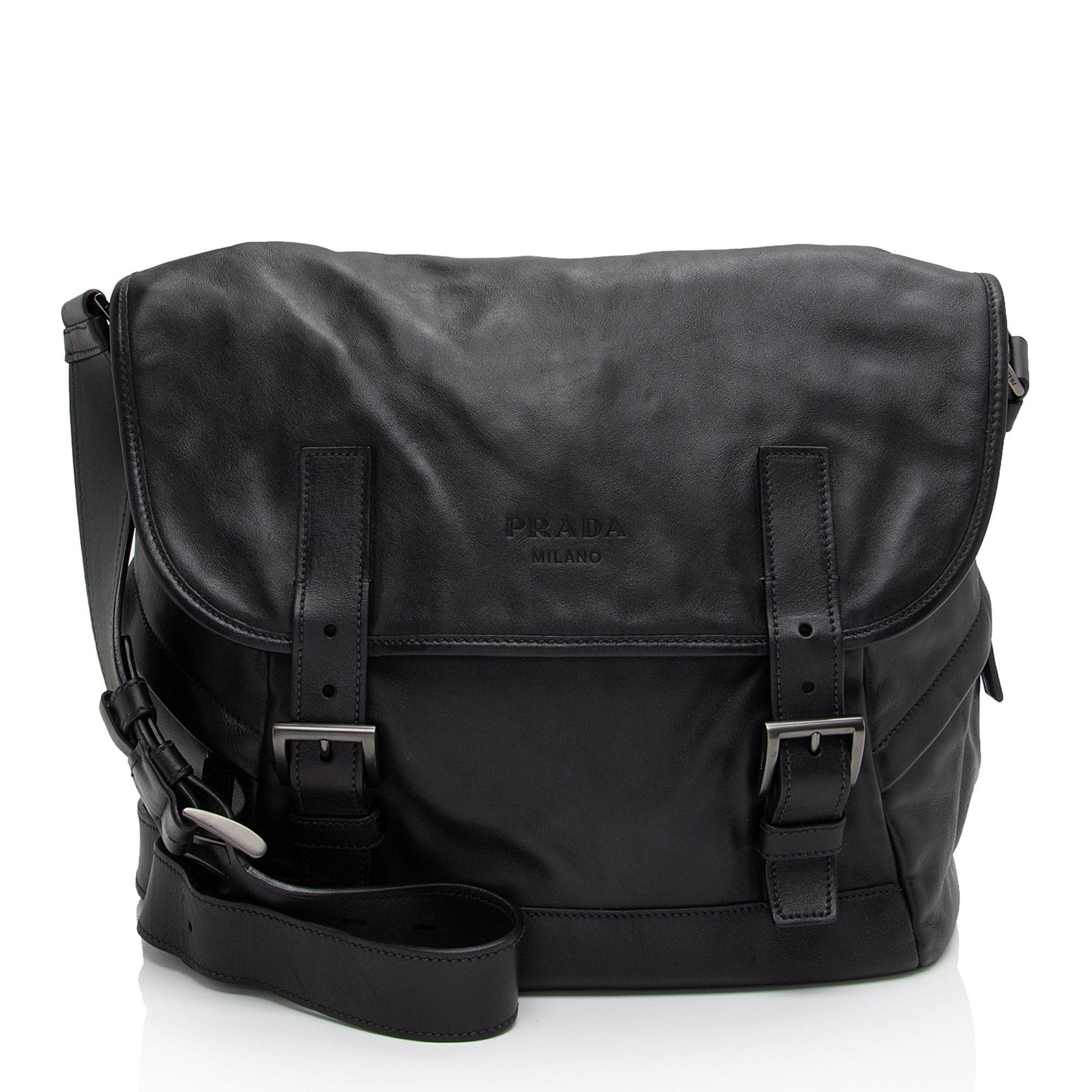 Prada Double Buckle Messenger Bag Shf S0Azos Leather Flap Shoulder Bag