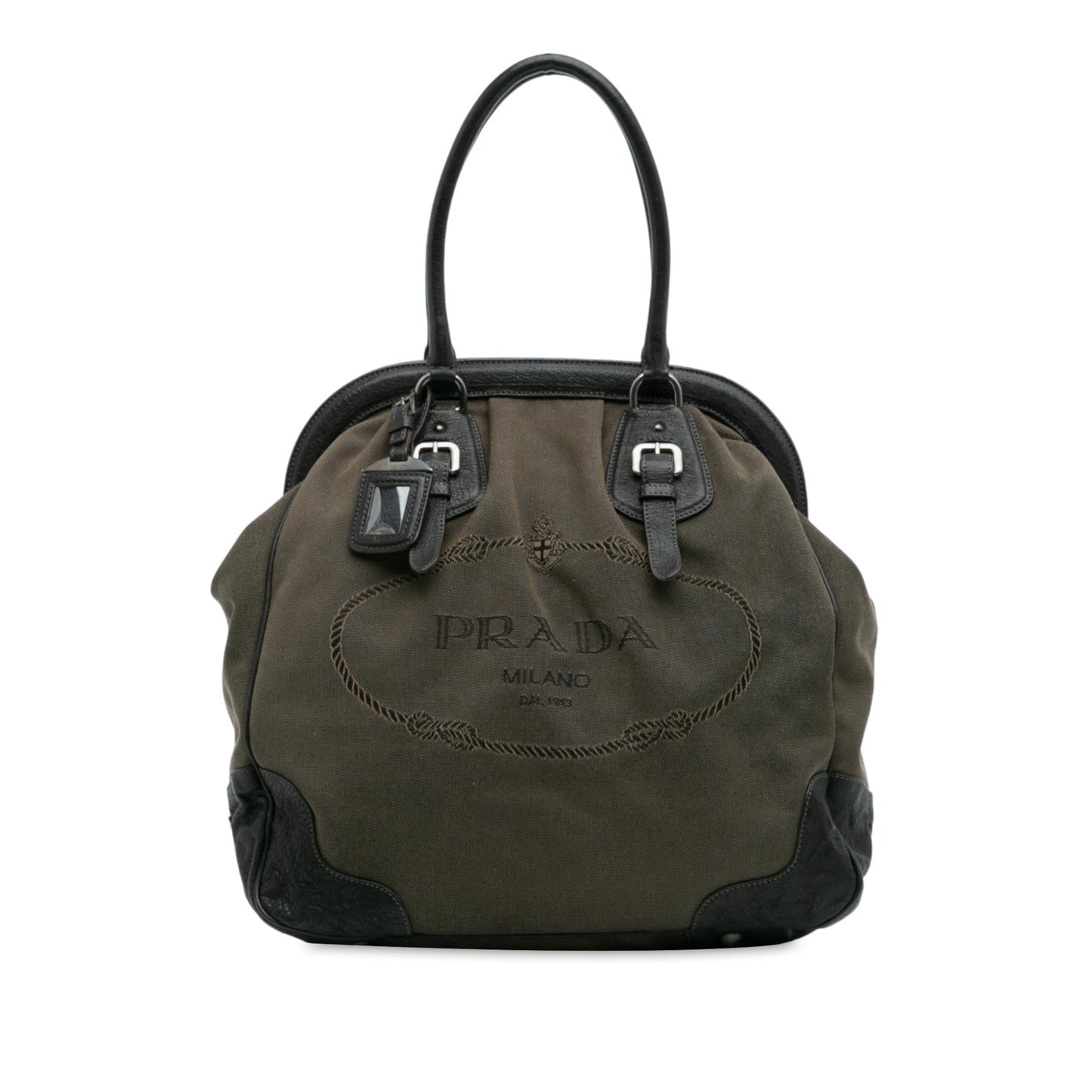 Prada Trimmed Canapa Frame Tote Leather Canvas Logo Tote Bag