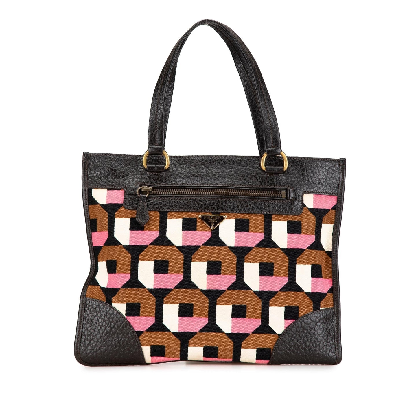 Prada Trimmed Printed Tote Leather Canvas Tote Bag