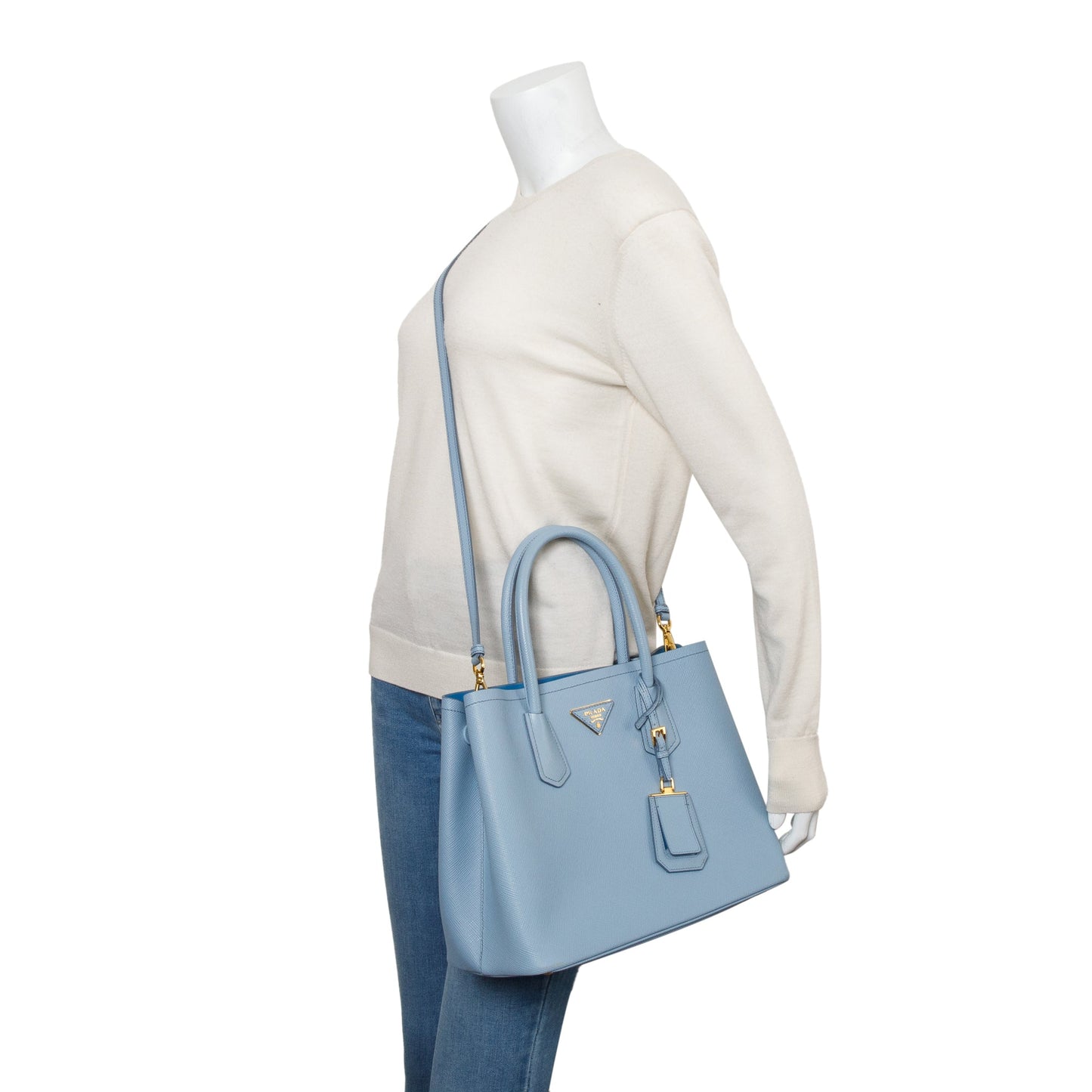 Prada Light Lux Cuir Double Tote Saffiano Blue Medium Tote Bag