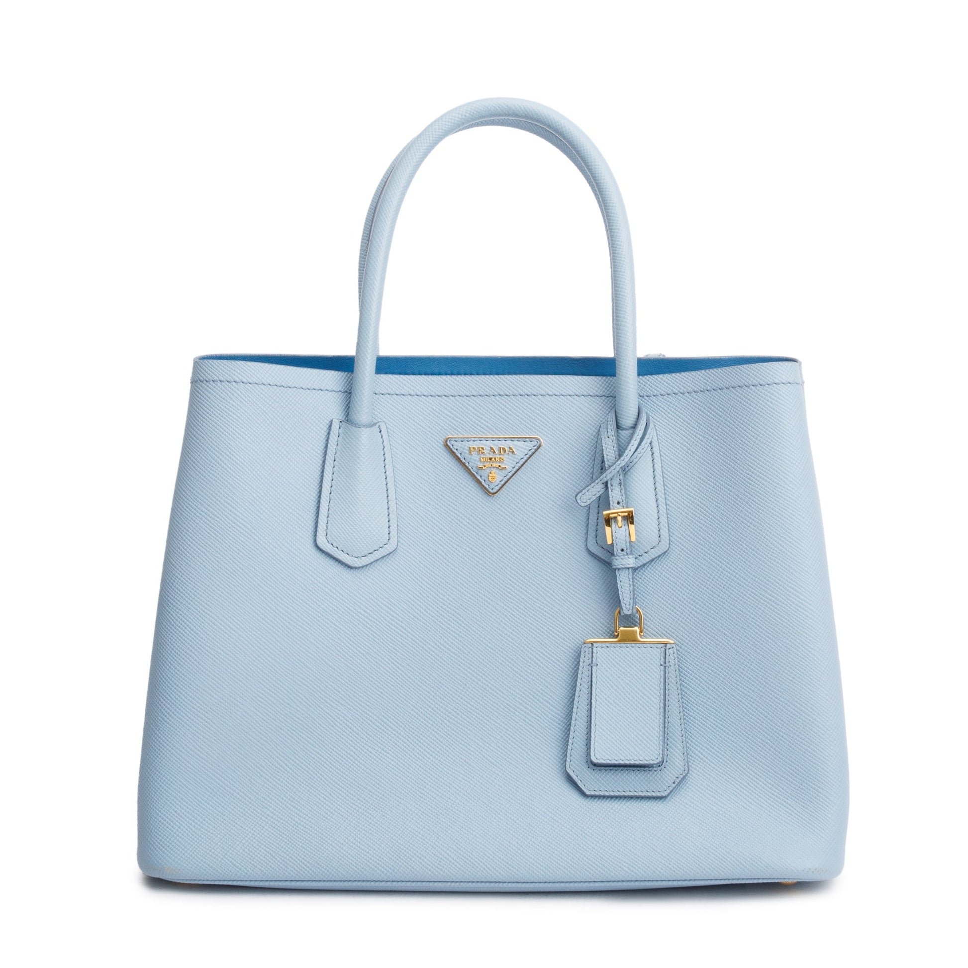 Prada Light Saffiano Lux Cuir Double Tote Handbag Blue Medium Tote Bag
