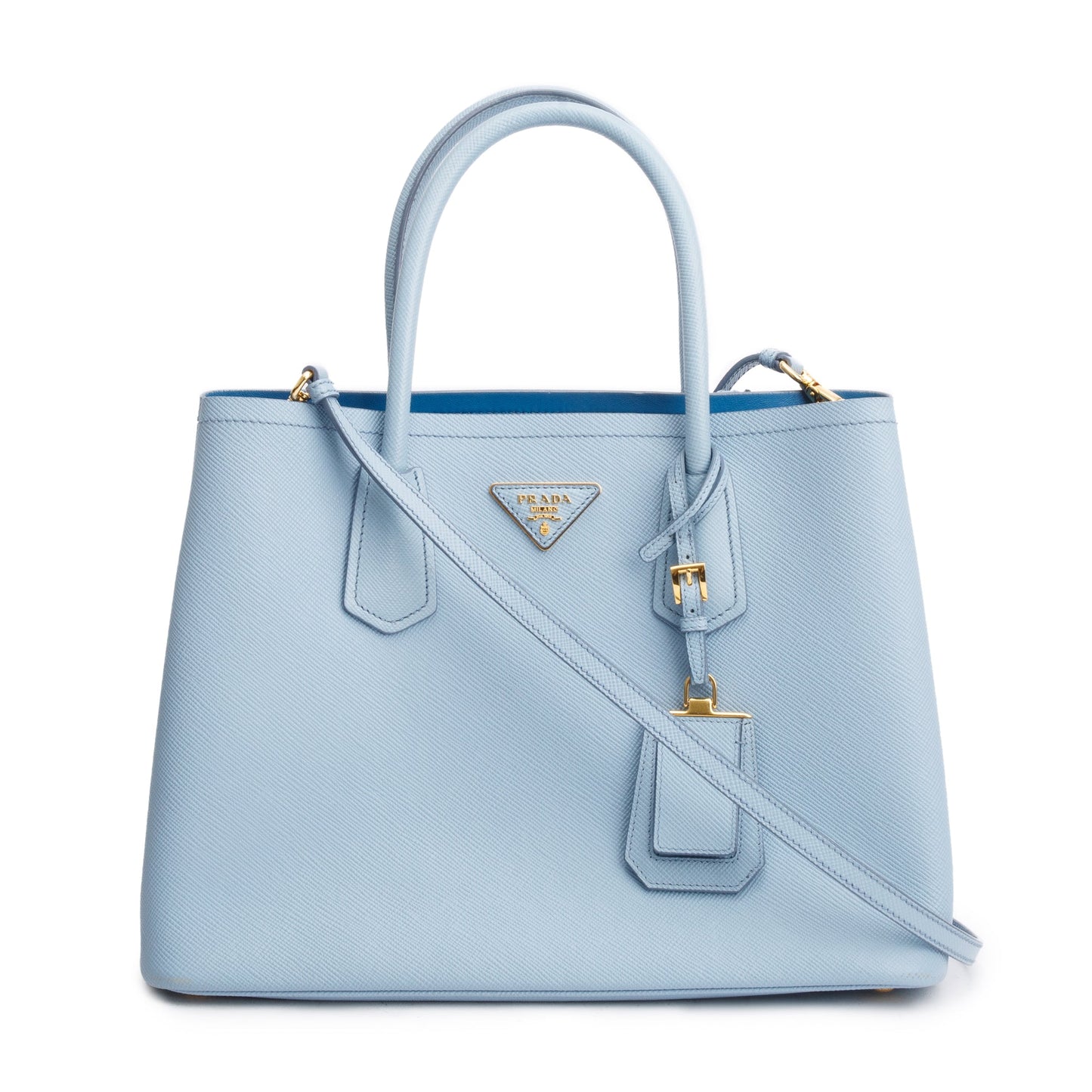 Prada Light Saffiano Lux Cuir Double Tote Handbag Blue Medium Tote Bag