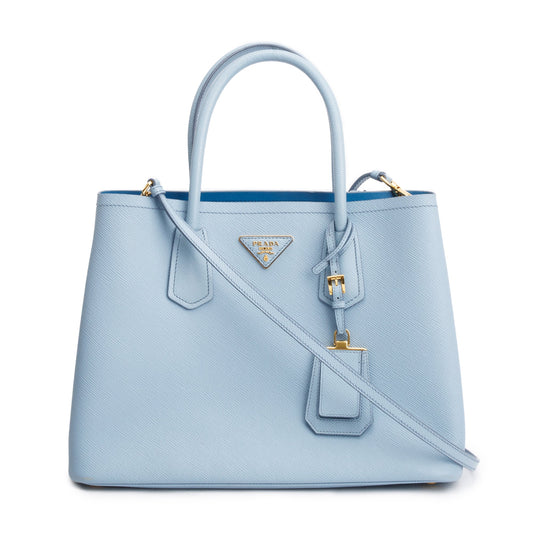 Prada Light Saffiano Lux Cuir Double Tote Handbag Blue Medium Tote Bag