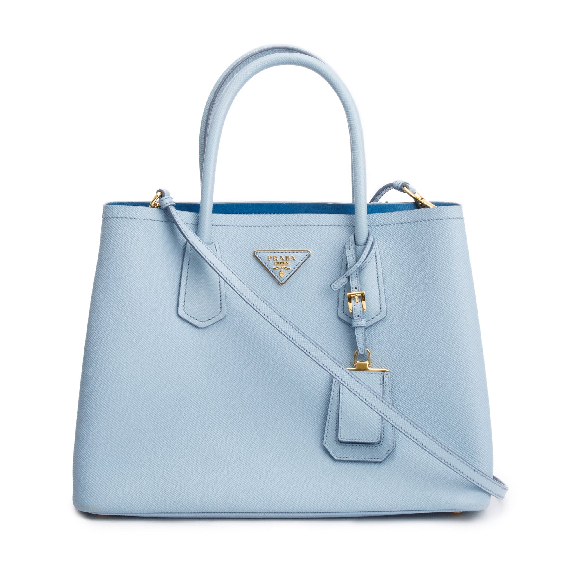 Prada Light Lux Cuir Double Tote Saffiano Blue Medium Tote Bag