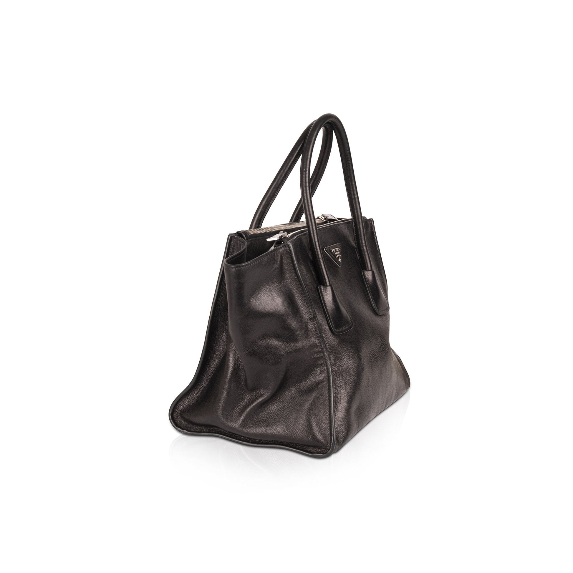 Prada Glace Calf Twin Pocket Tote Handbag Black Medium Tote Bag