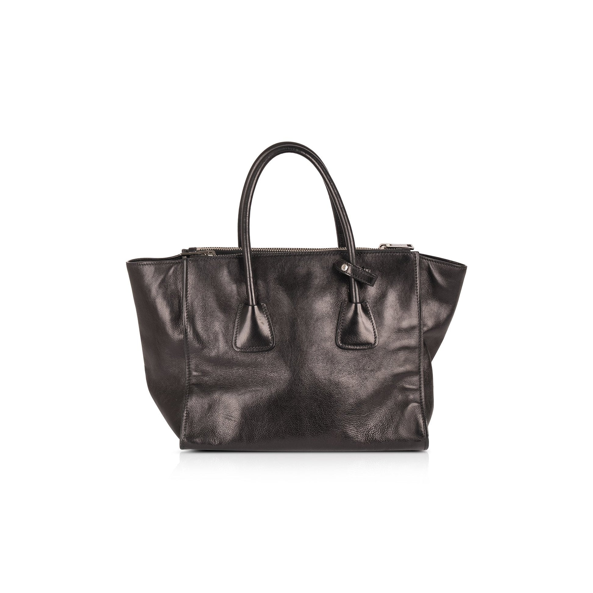 Prada Glace Calf Twin Pocket Tote Handbag Black Medium Tote Bag