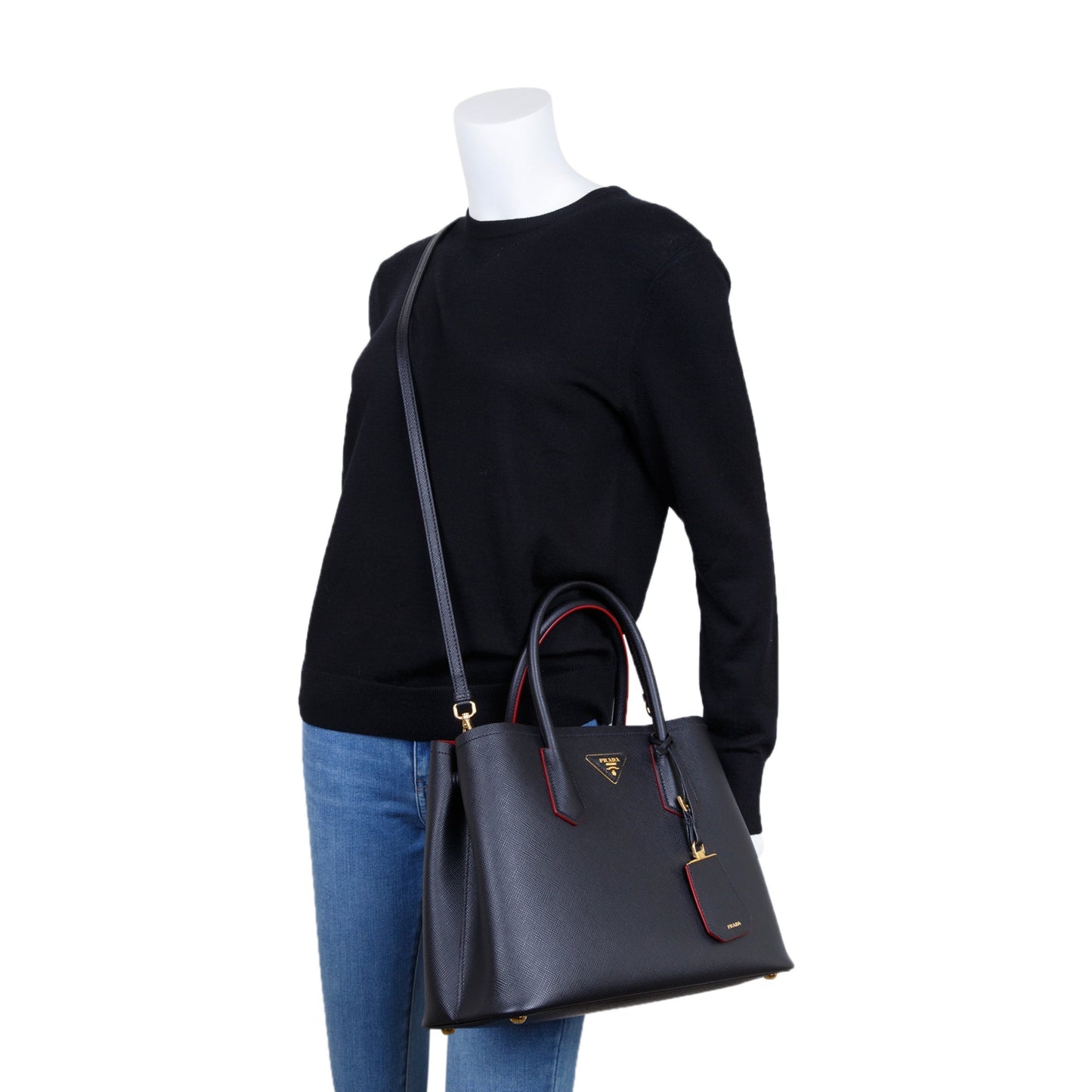 Prada Saffiano Cuir Double Tote Handbag Medium Tote Bag