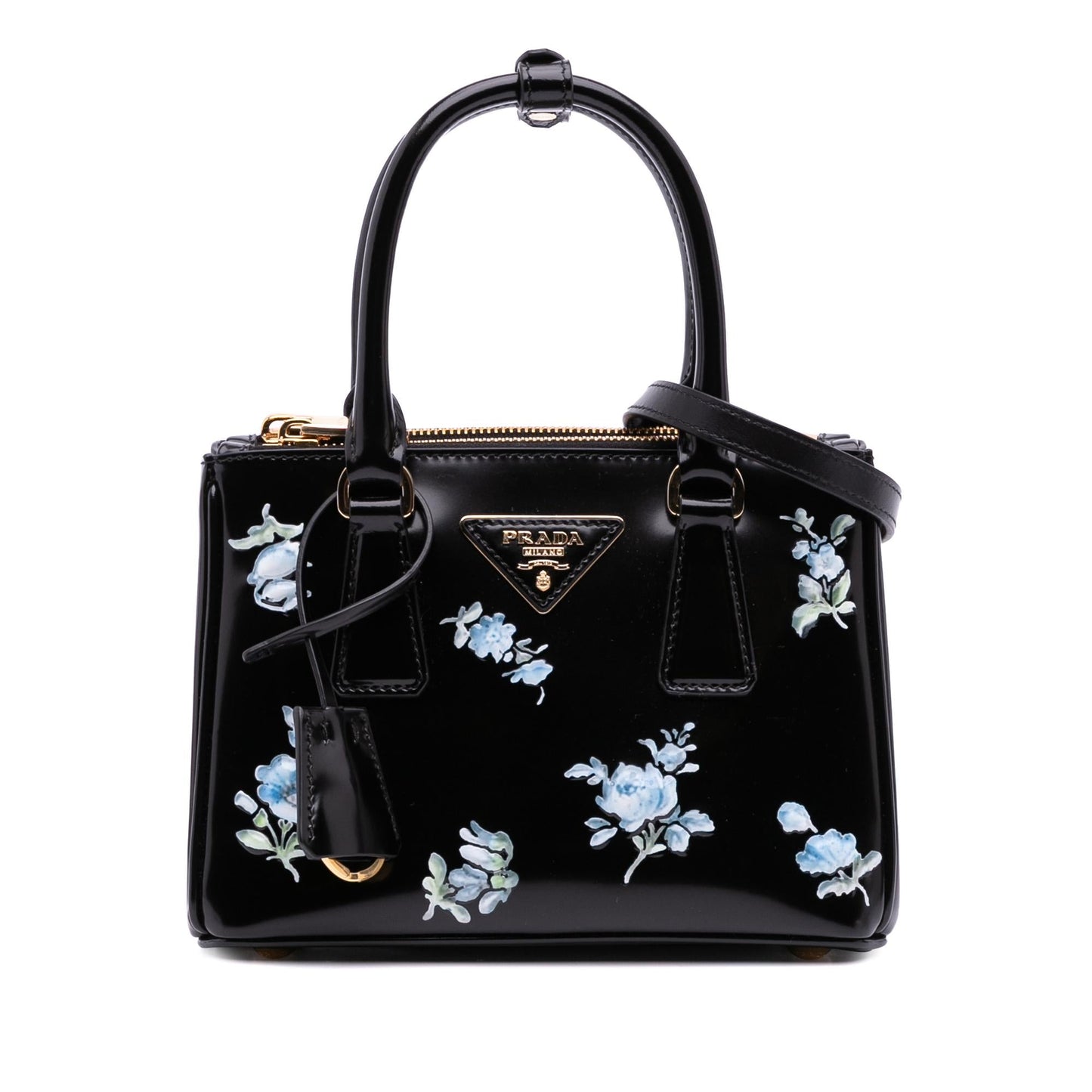 Prada Brushed Floral Print Galleria Double Satchel Leather Mini Zip Satchel Bag