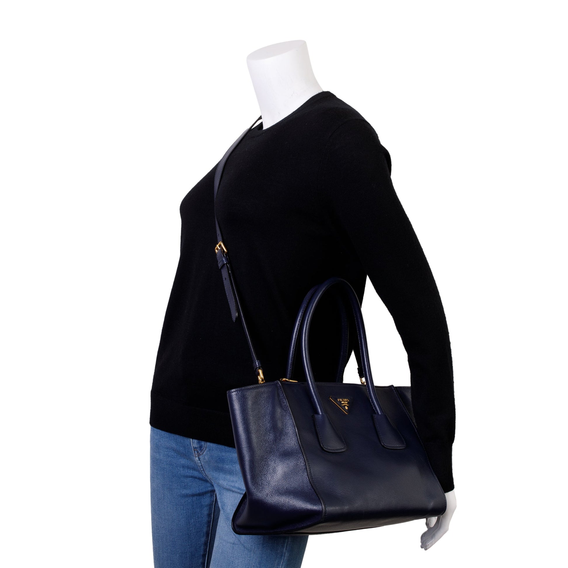 Prada Navy City Calf Twin Pocket Tote Handbag Small Tote Bag