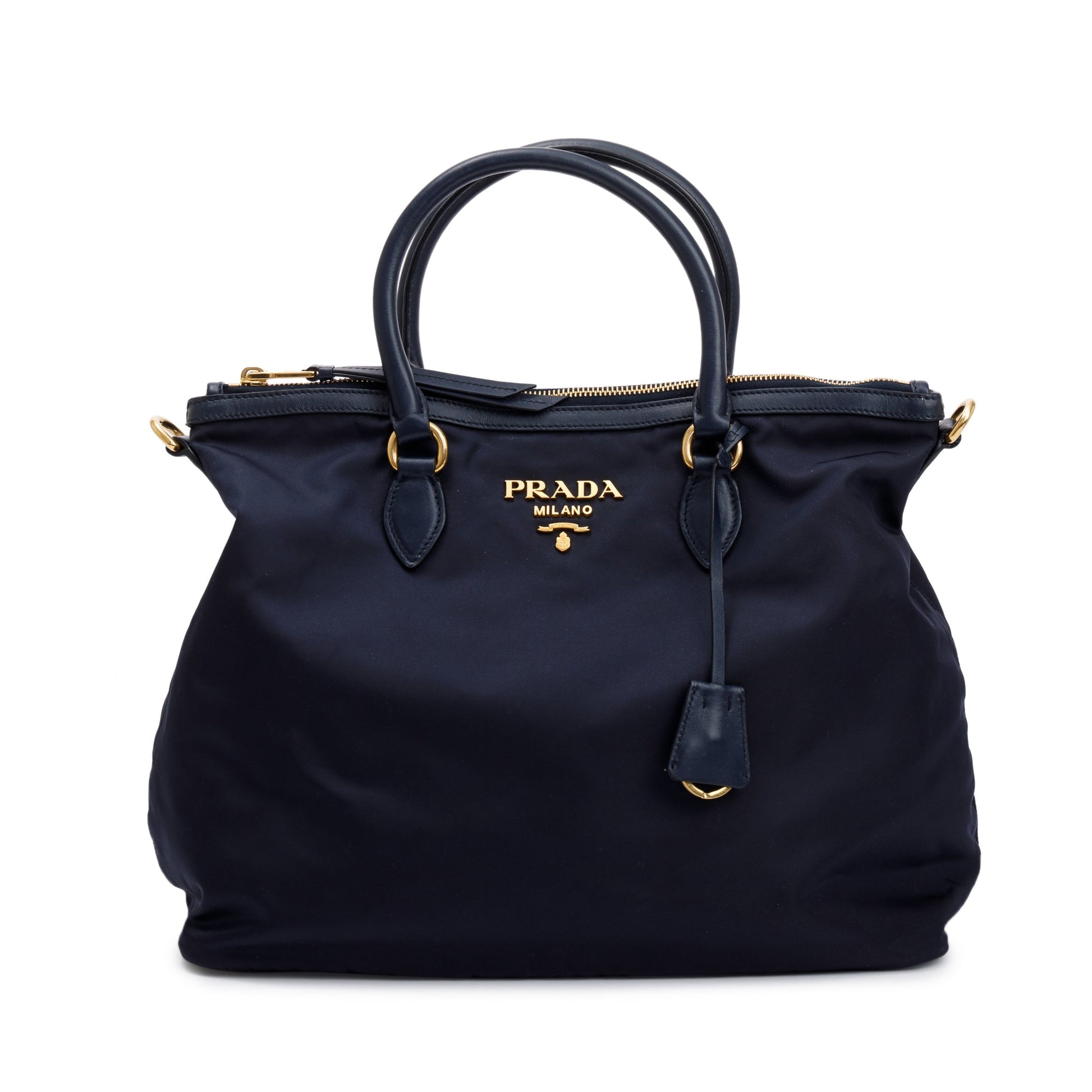 Prada Navy Trimmed Tessuto Tote Handbag Leather Nylon Tote Bag