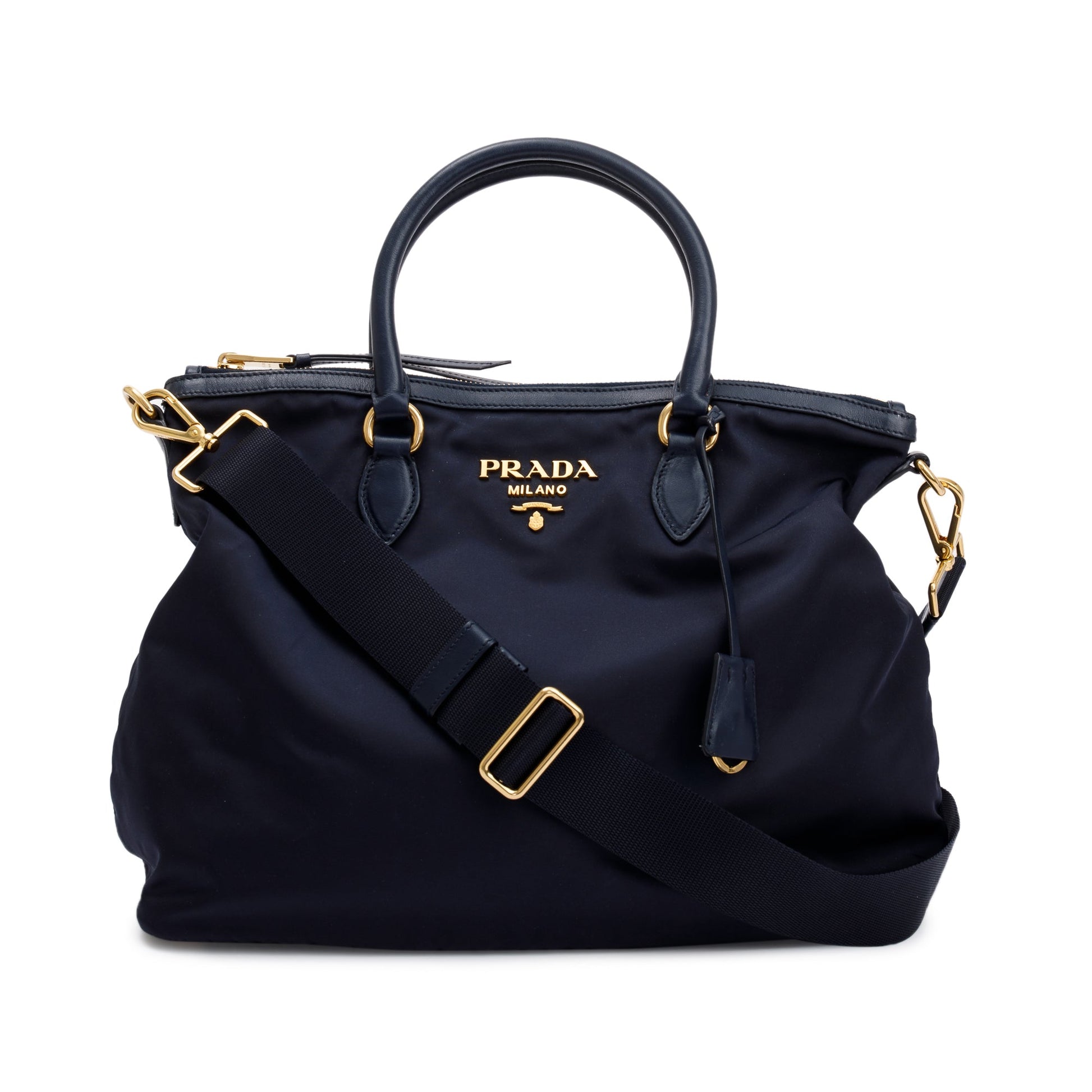 Prada Navy Trimmed Tessuto Tote Handbag Leather Nylon Tote Bag