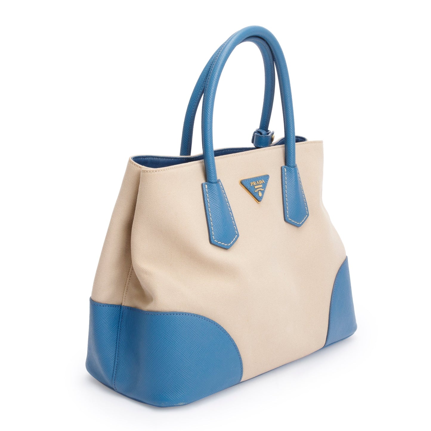 Prada Trim Cuir Double Tote Canvas Saffiano Blue Tote Bag