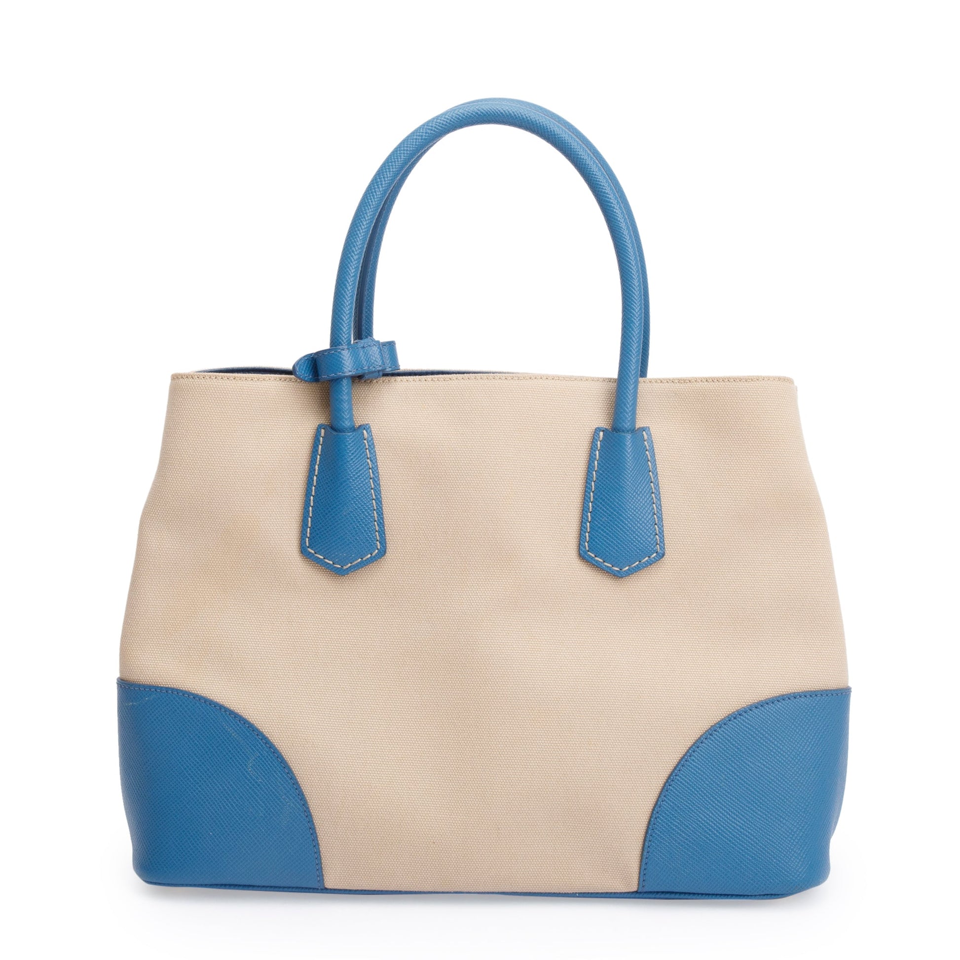 Prada Neutral Saffiano Trim Cuir Double Tote Handbag Canvas Blue Tote Bag
