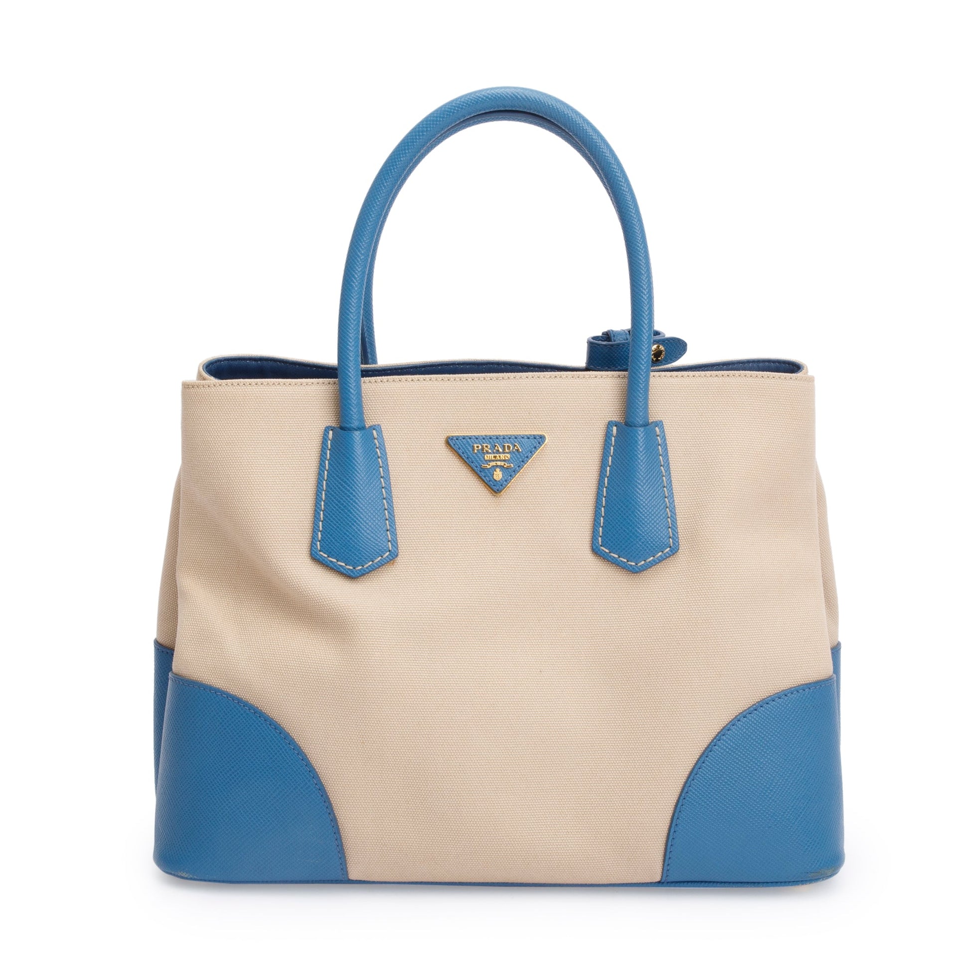 Prada Neutral Saffiano Trim Cuir Double Tote Handbag Canvas Blue Tote Bag