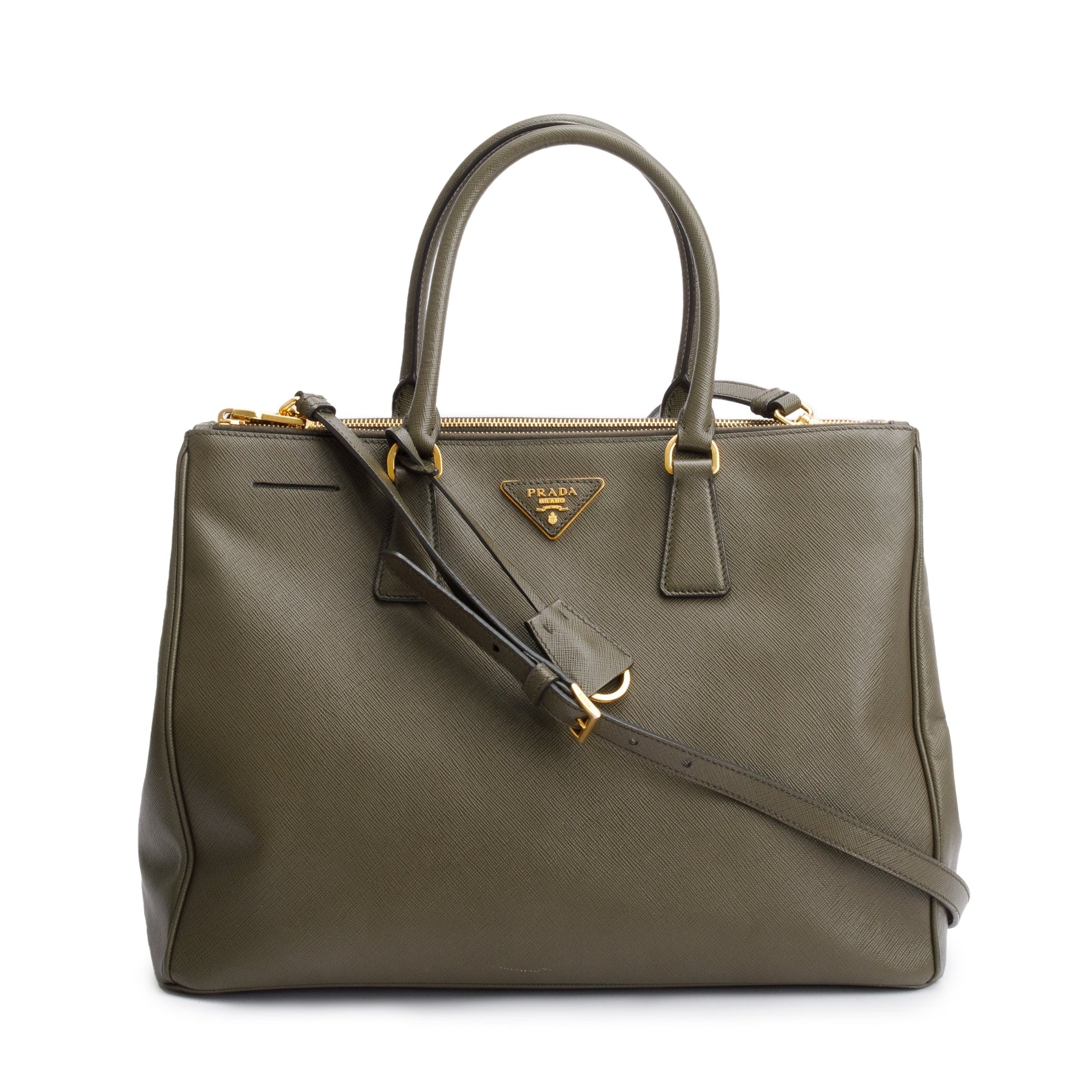 Prada Olive Saffiano Lux Double Zip Galleria Tote Green Large Tote Bag
