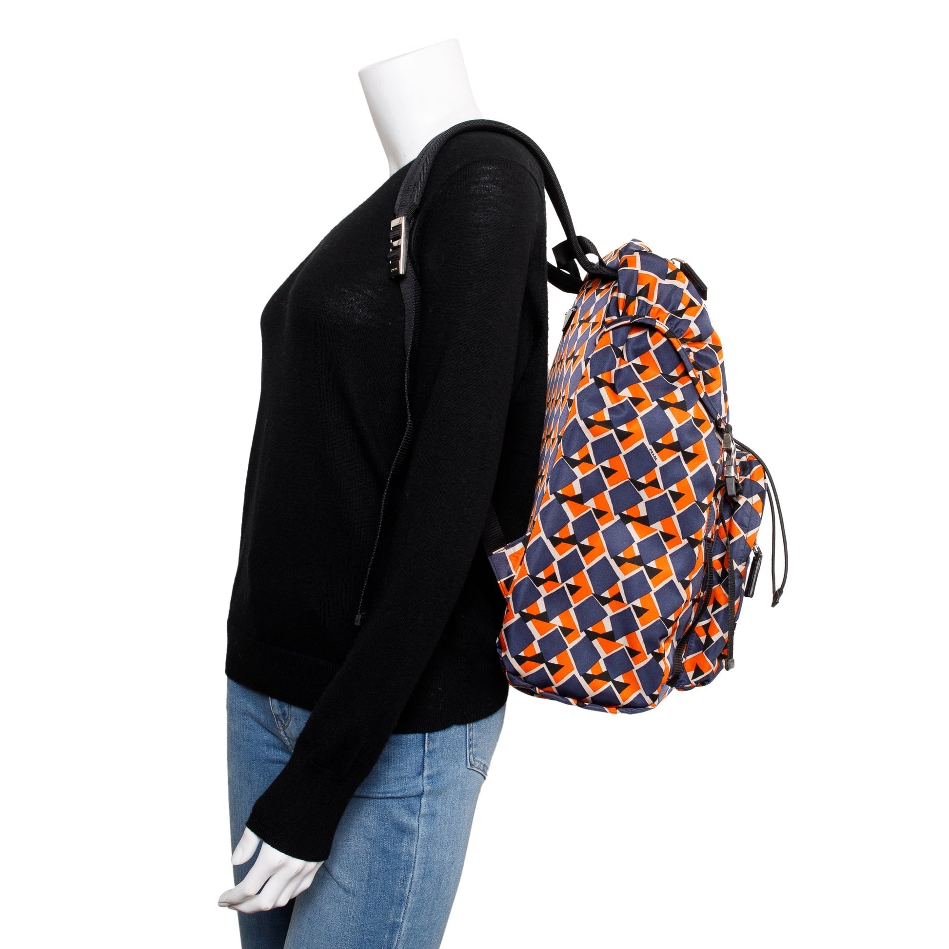 Prada Orange Navy Tessuto Stampato Double Buckle Backpack
