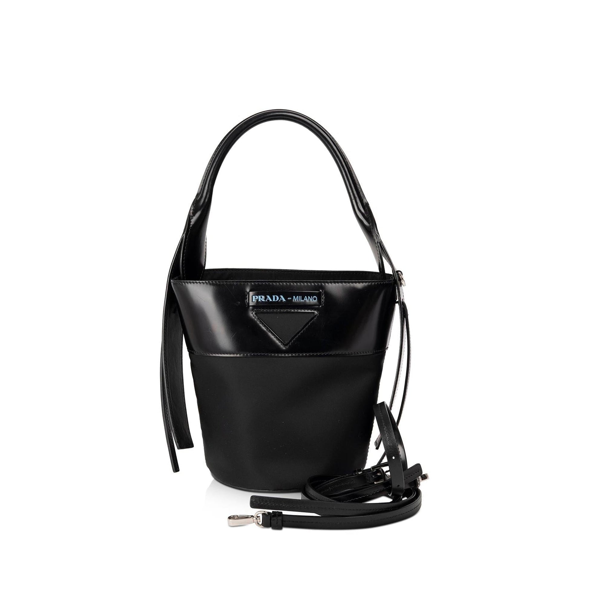 Prada Patent & Tessuto Ouverture Bag Leather Nylon Bucket Bag