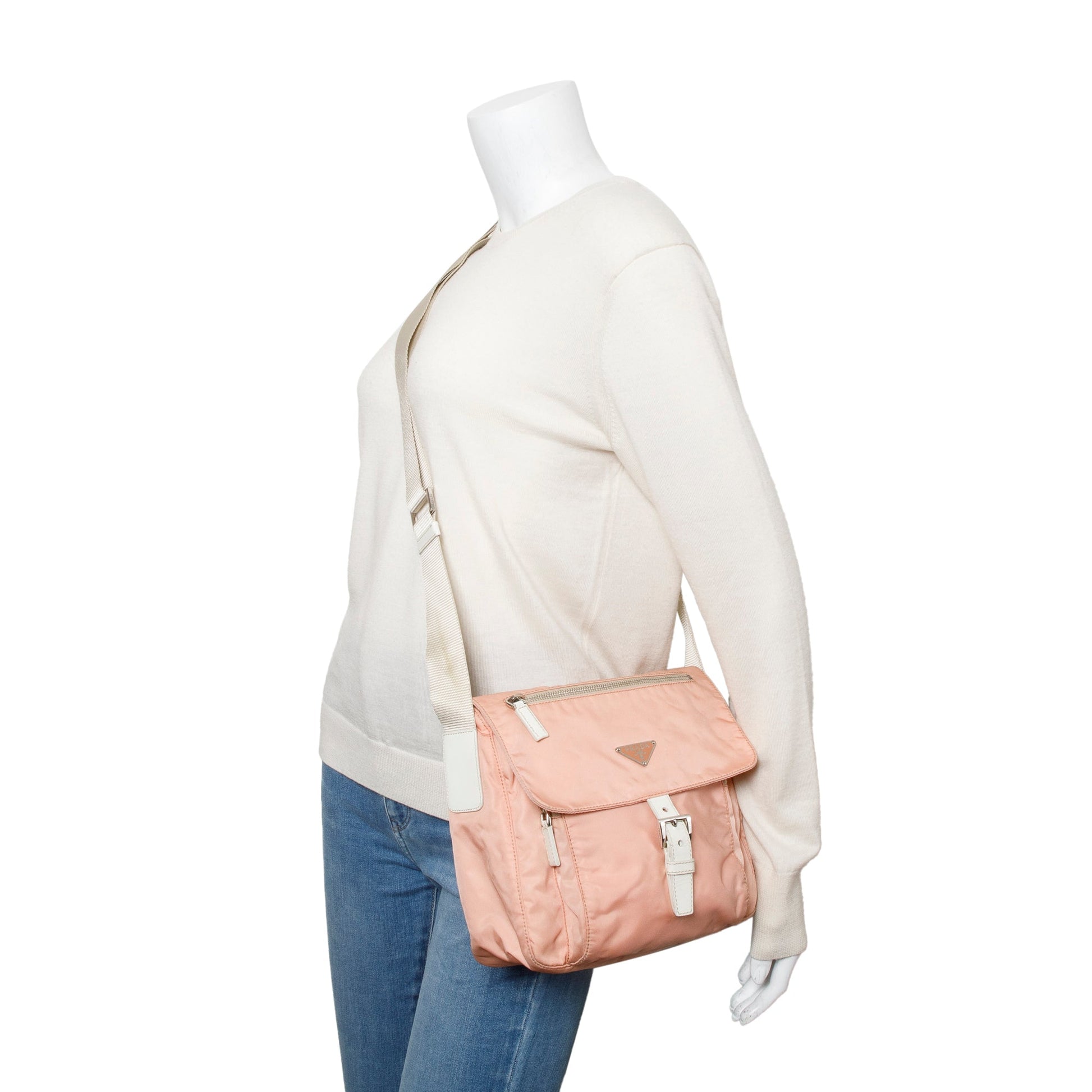 Prada Peach Tessuto Trimmed Vela Messenger Bag Leather Nylon White
