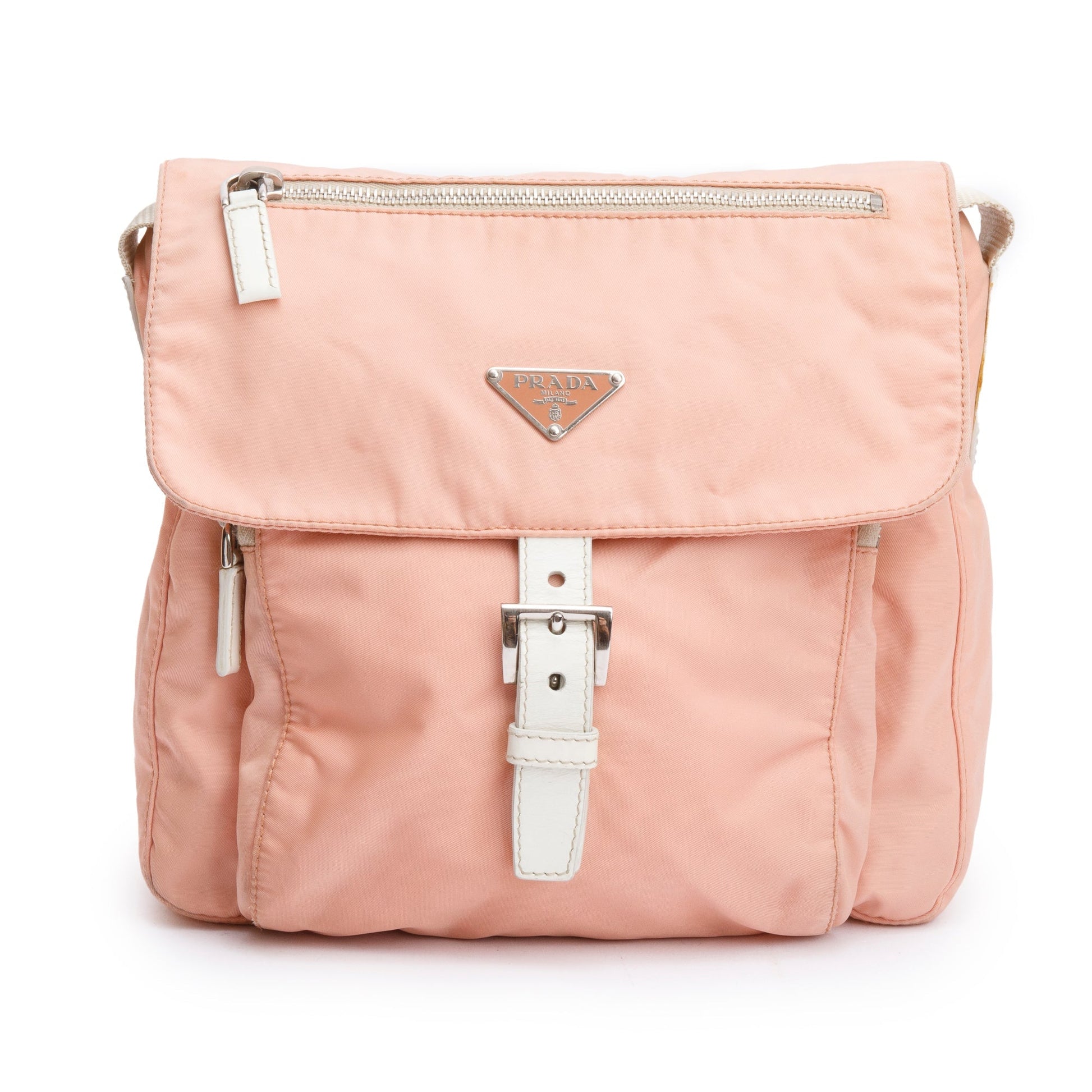 Prada Peach Tessuto Trimmed Vela Messenger Bag Leather Nylon Travel Bag
