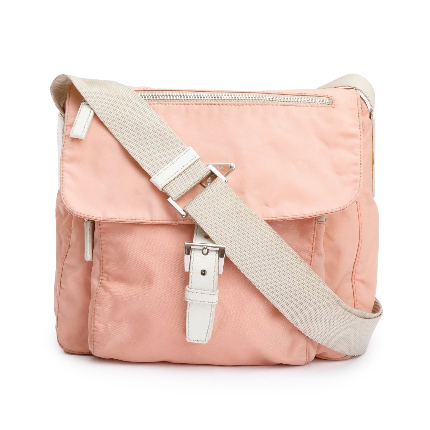 Prada Peach Tessuto Trimmed Vela Messenger Bag Leather Nylon Travel Bag
