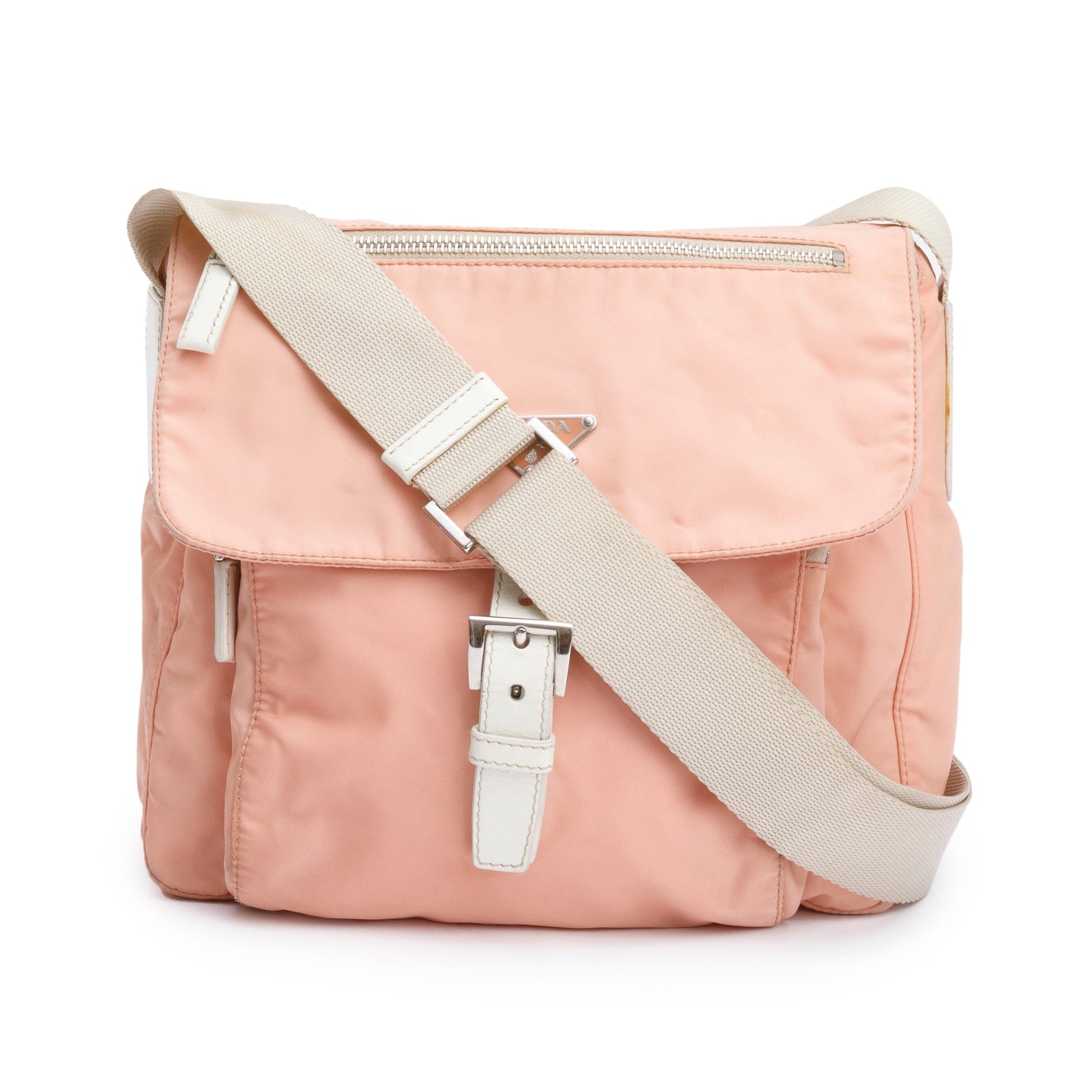Prada Peach Tessuto Trimmed Vela Messenger Bag Leather Nylon Travel Bag