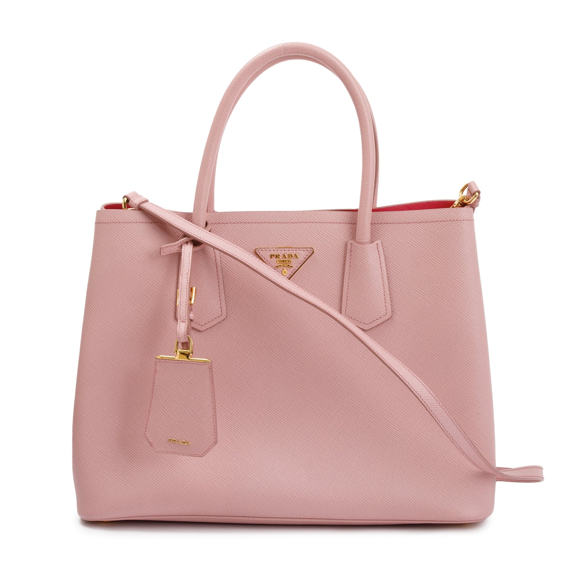 Prada Saffiano Lux Cuir Double Tote Handbag Pink Medium Tote Bag