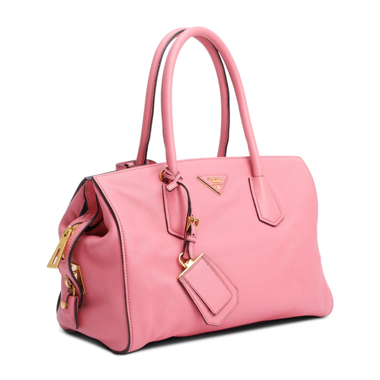 Prada Vitello Grain Signature Top Handle Bag Leather Pink Travel Bag