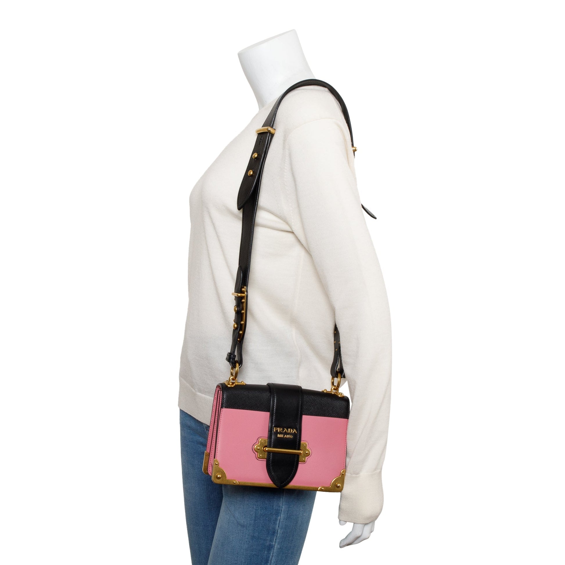 Prada City Calf Saffiano Cahier Bag Black Pink Travel Bag