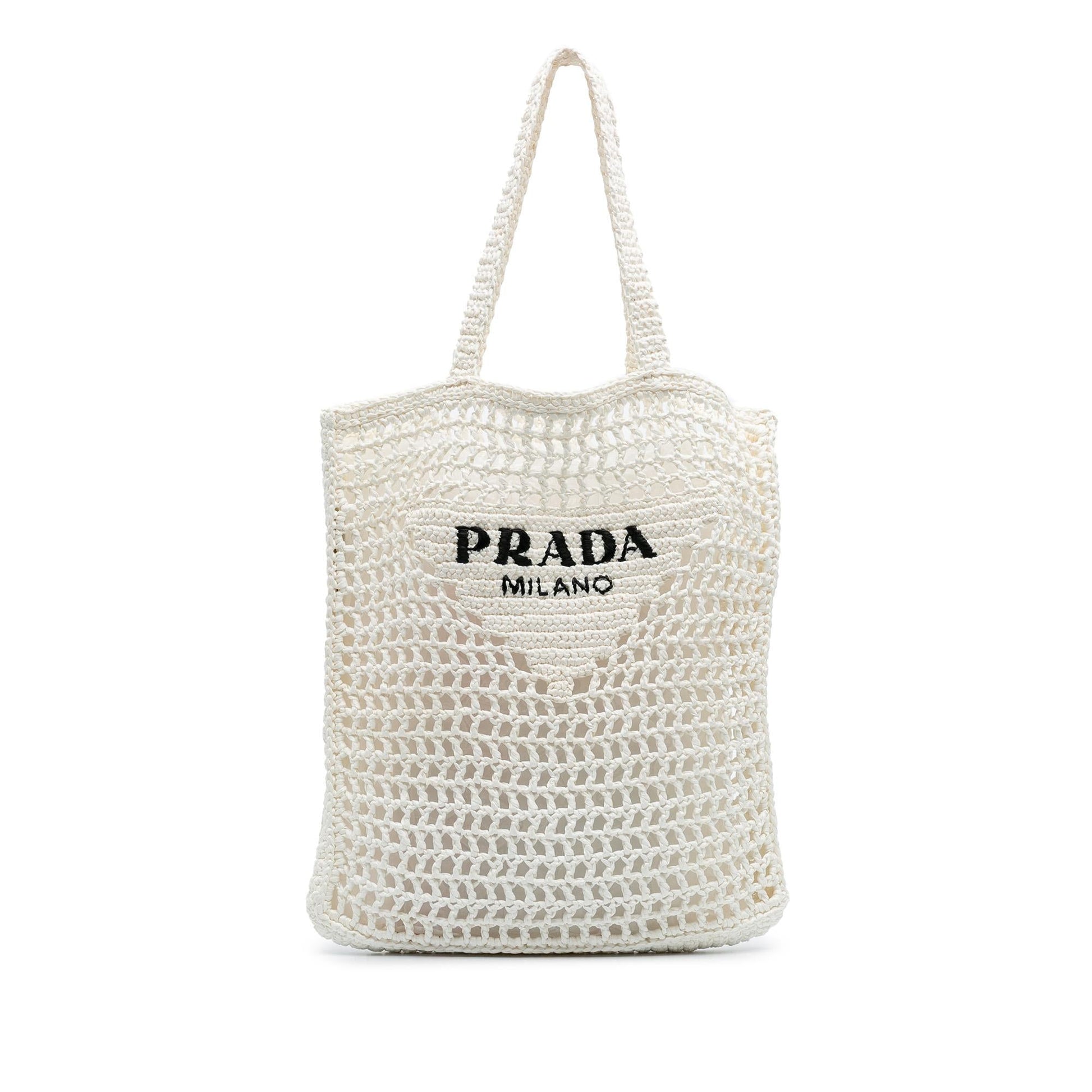 Prada Effect Crochet Tote Raffia Logo Embroidered Tote Bag