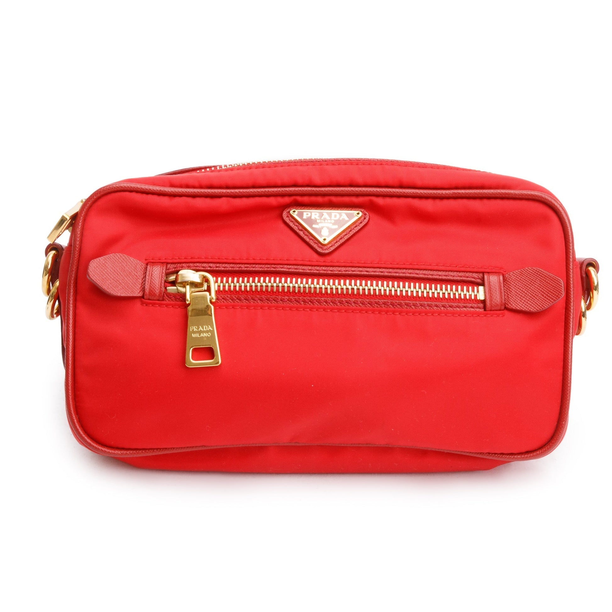 Prada Trimmed Tessuto Camera Crossbody Bag Nylon Saffiano Red