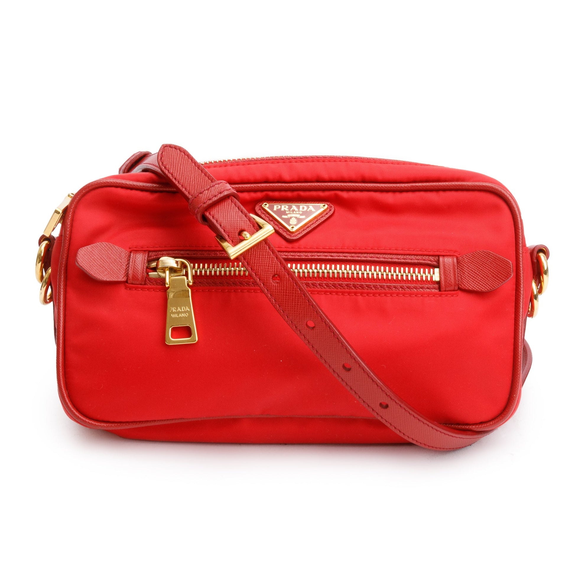 Prada Saffiano Trimmed Tessuto Camera Crossbody Bag Nylon Red