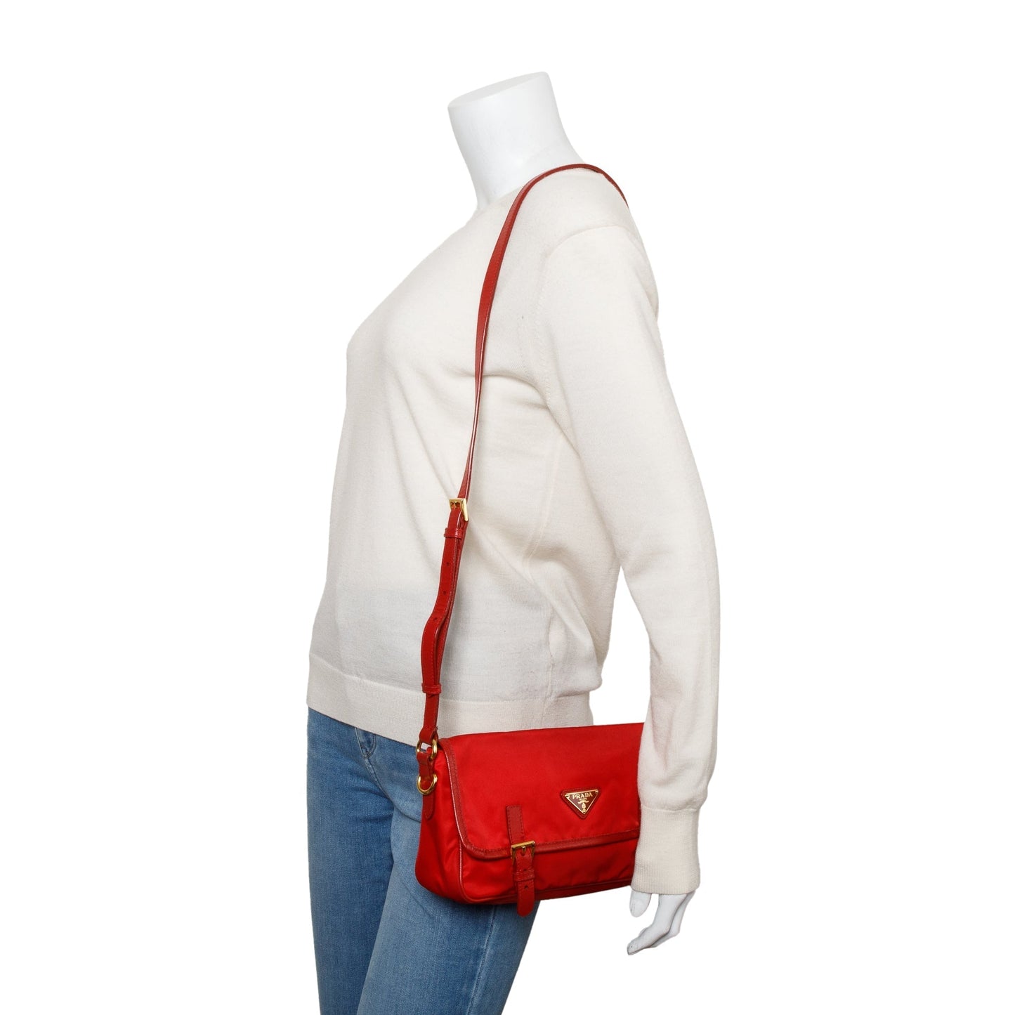 Prada Saffiano Trimmed Tessuto Double Buckle Crossbody Bag Nylon Red
