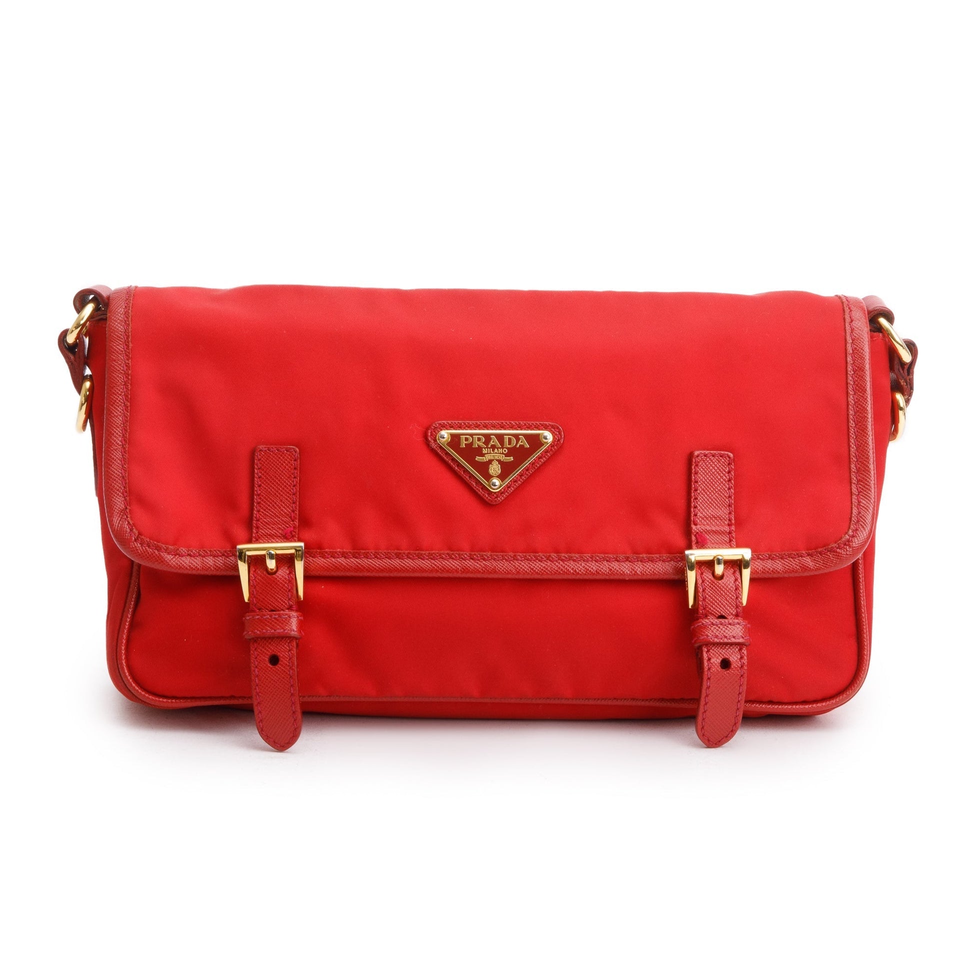 Prada Saffiano Trimmed Tessuto Double Buckle Crossbody Bag Nylon Red